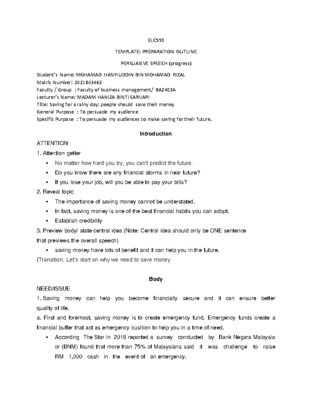 ELC590 Persuasive Speech Progress - ELC TEMPLATE: PREPARATION OUTLINE ...