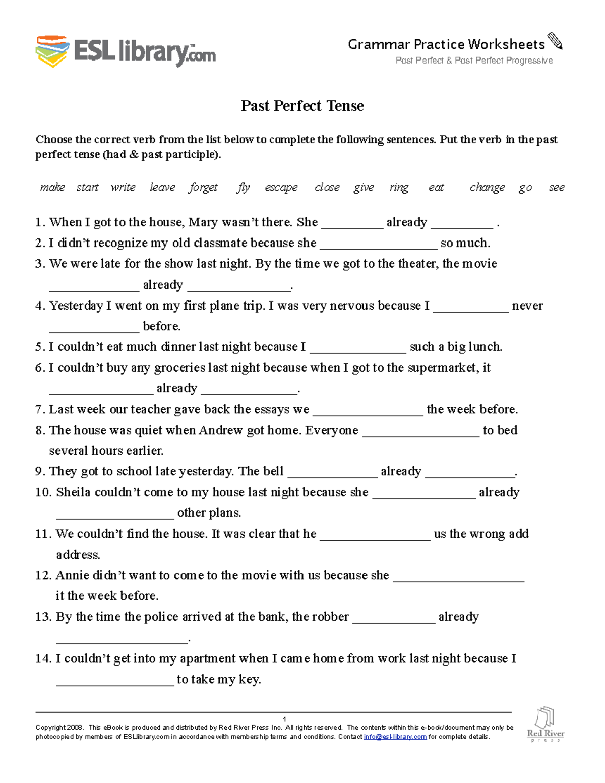 9.PastPerfect thursday Past Perfect Tense Choose the correct verb