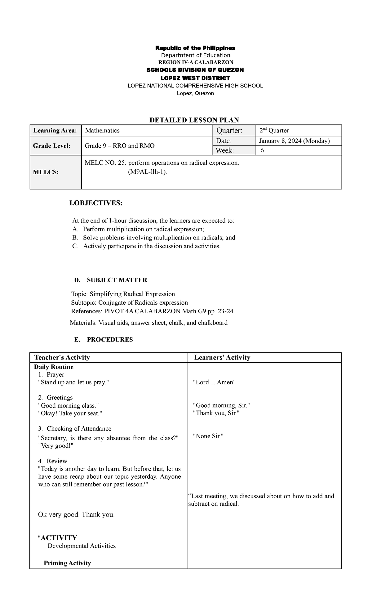 PERA Dlp multiplication on radicals - ####### Republic of the ...