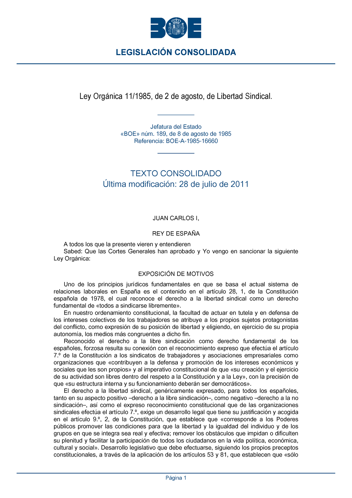 LEY DE Libertad Sindical - Ley Orgánica 11/1985, De 2 De Agosto, De ...