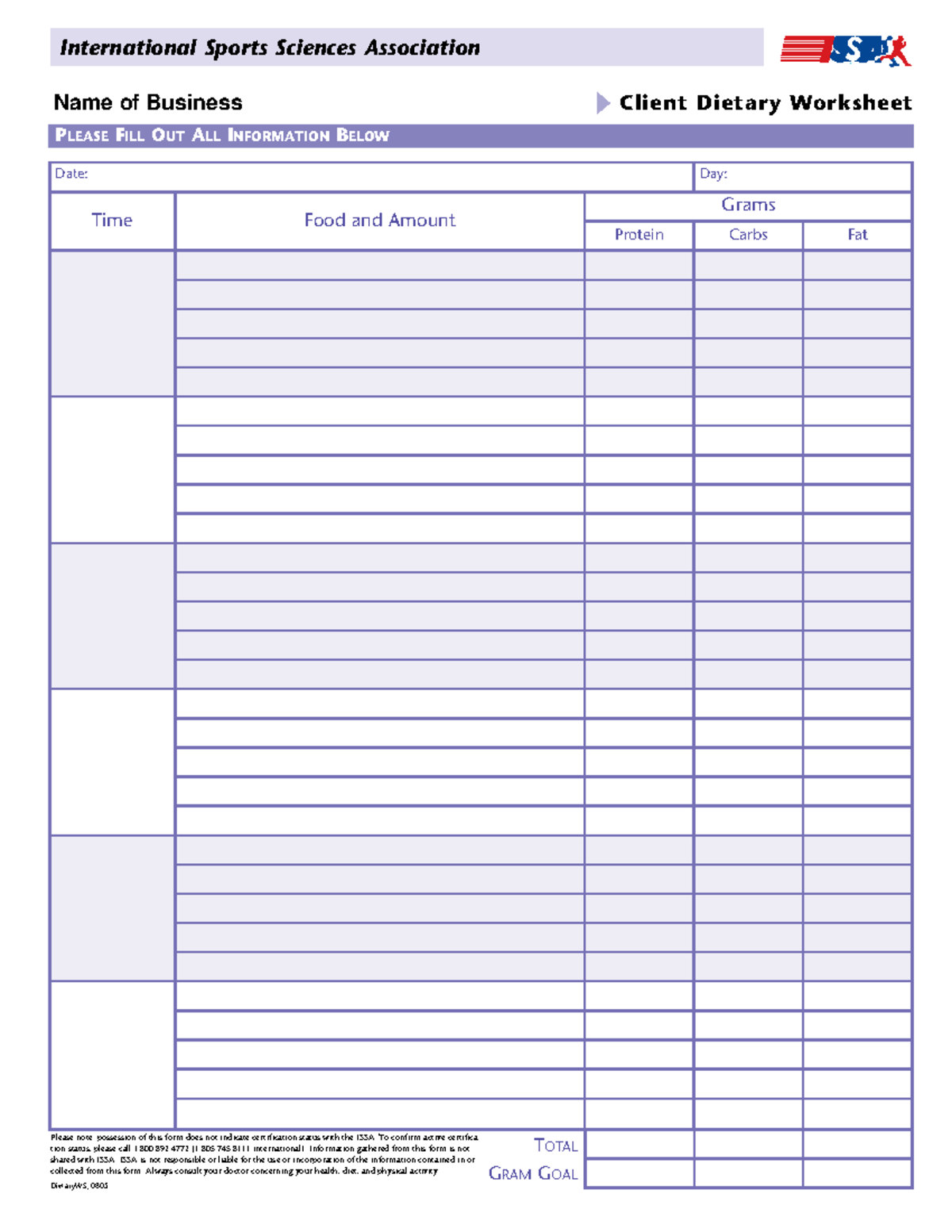 ISSA Client Dietary Worksheet - Client Dietary Worksheet PLEASE FILL ...