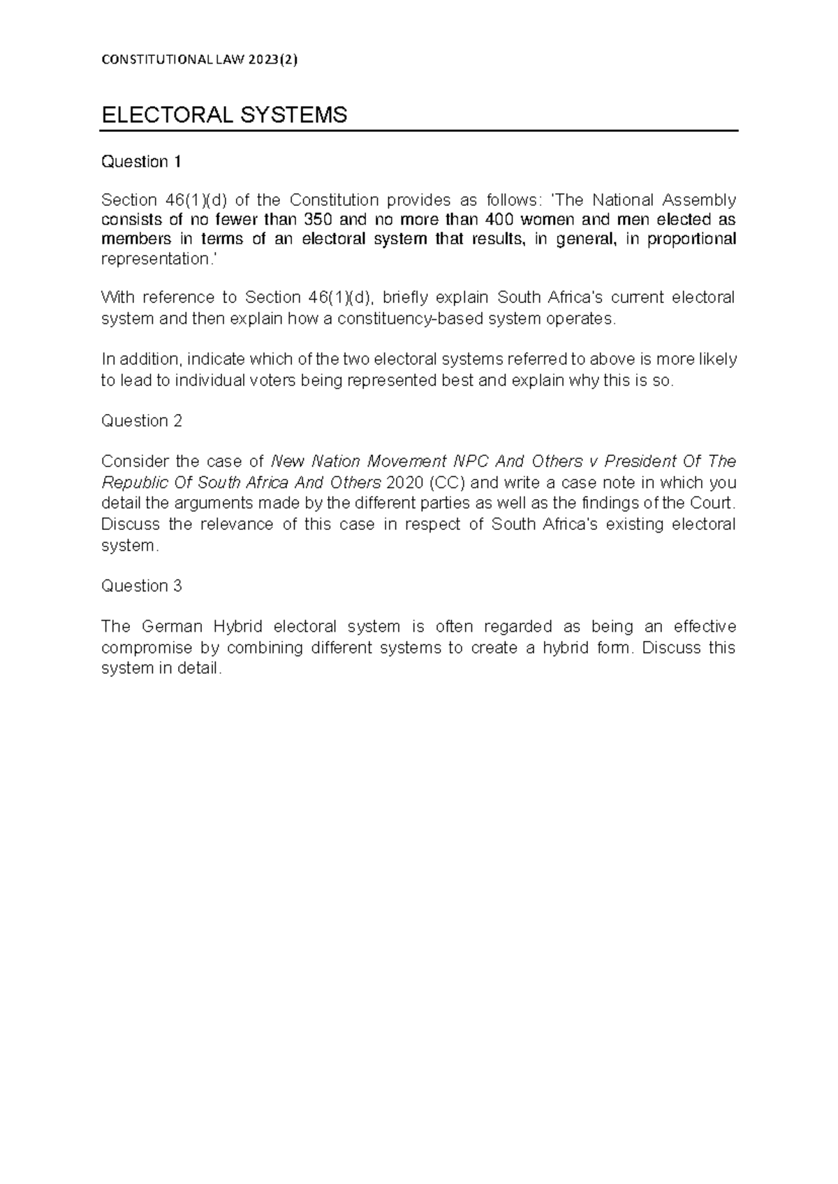 Worksheet Electoral systems 2023 CONSTITUTIONAL LAW 2023(2