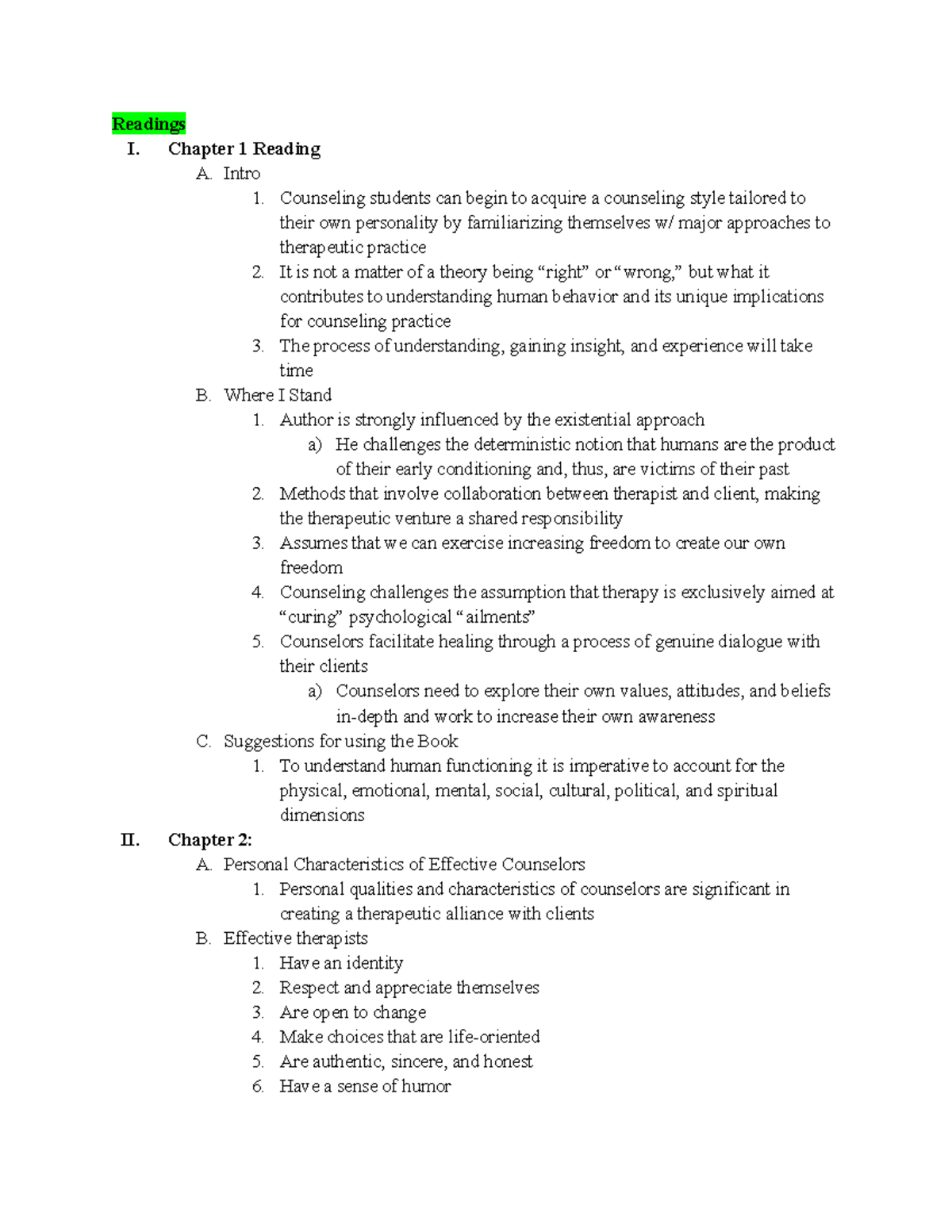 COUN 174 Notes - Readings I. Chapter 1 Reading A. Intro 1. Counseling ...