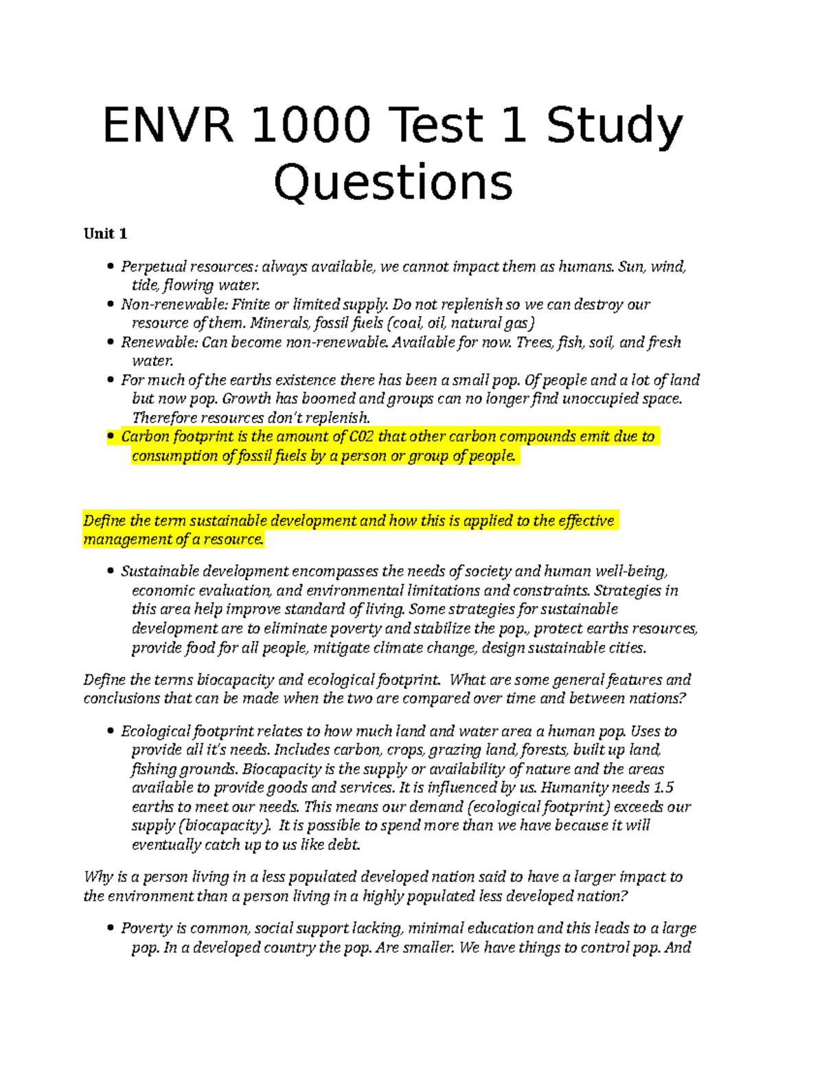 ENVR 1000 Test 1 Prep Questions - ENVR 1000 Test 1 Study Questions Unit ...