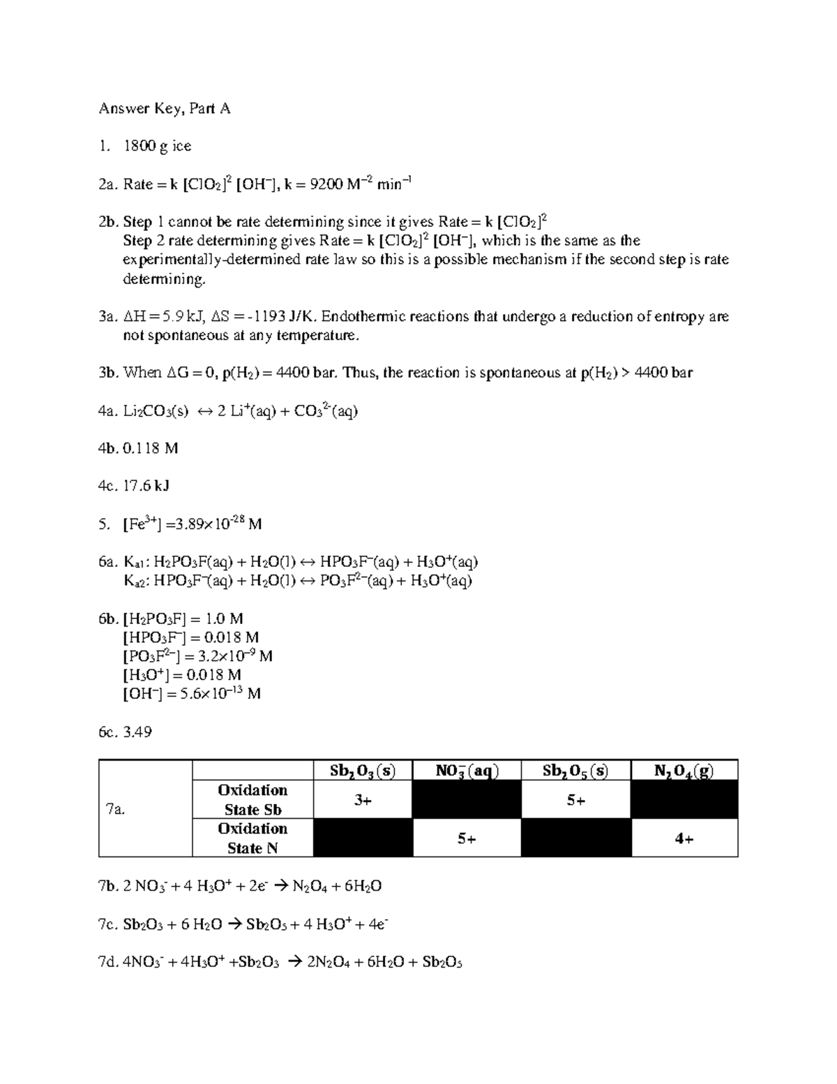 Final A 16 April 2018, answers - Answer Key, Part A 1. 1800 g ice 2a ...