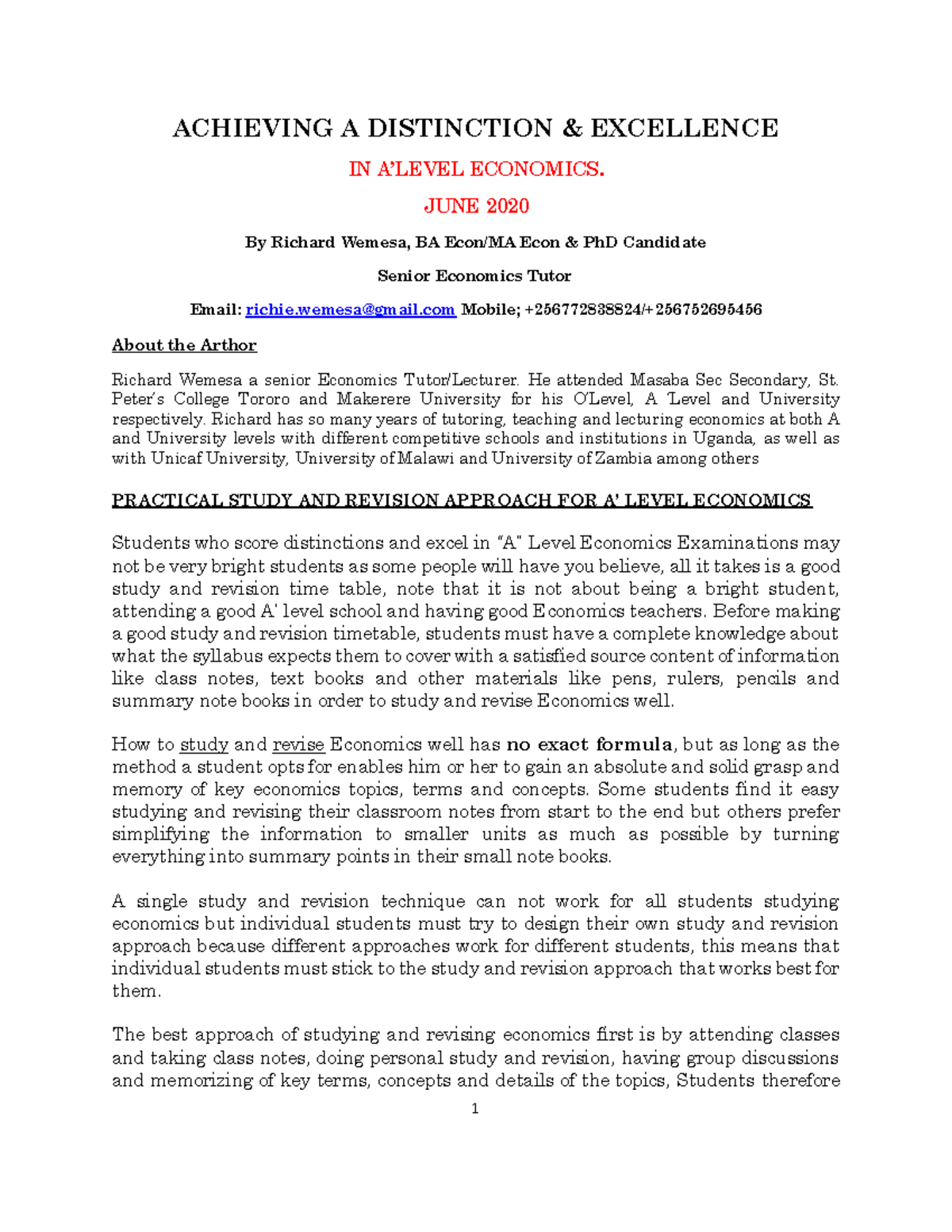 ECON Notes Summary - ACHIEVING A DISTINCTION & EXCELLENCE IN A’LEVEL ...