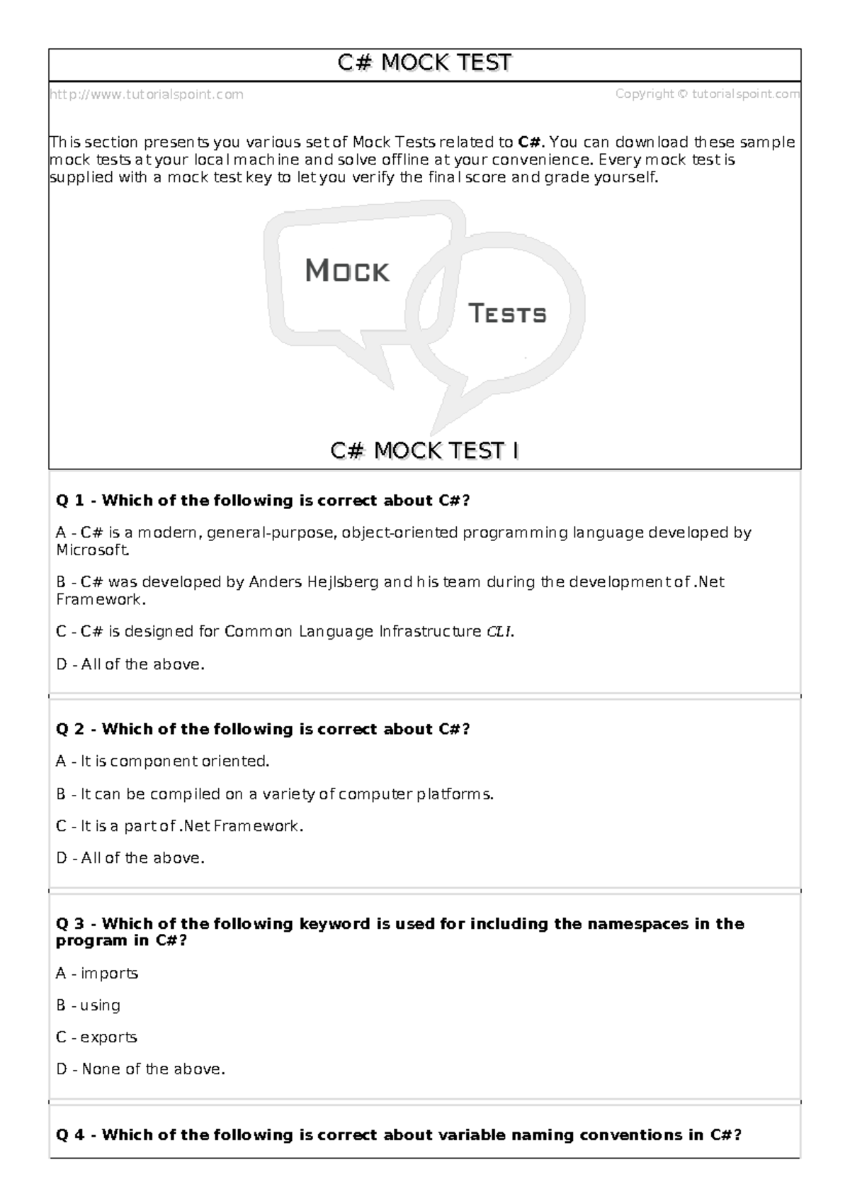 Csharp Mock Test I - 12312 - Tutorialspoint Copyright © Tutorialspoint ...