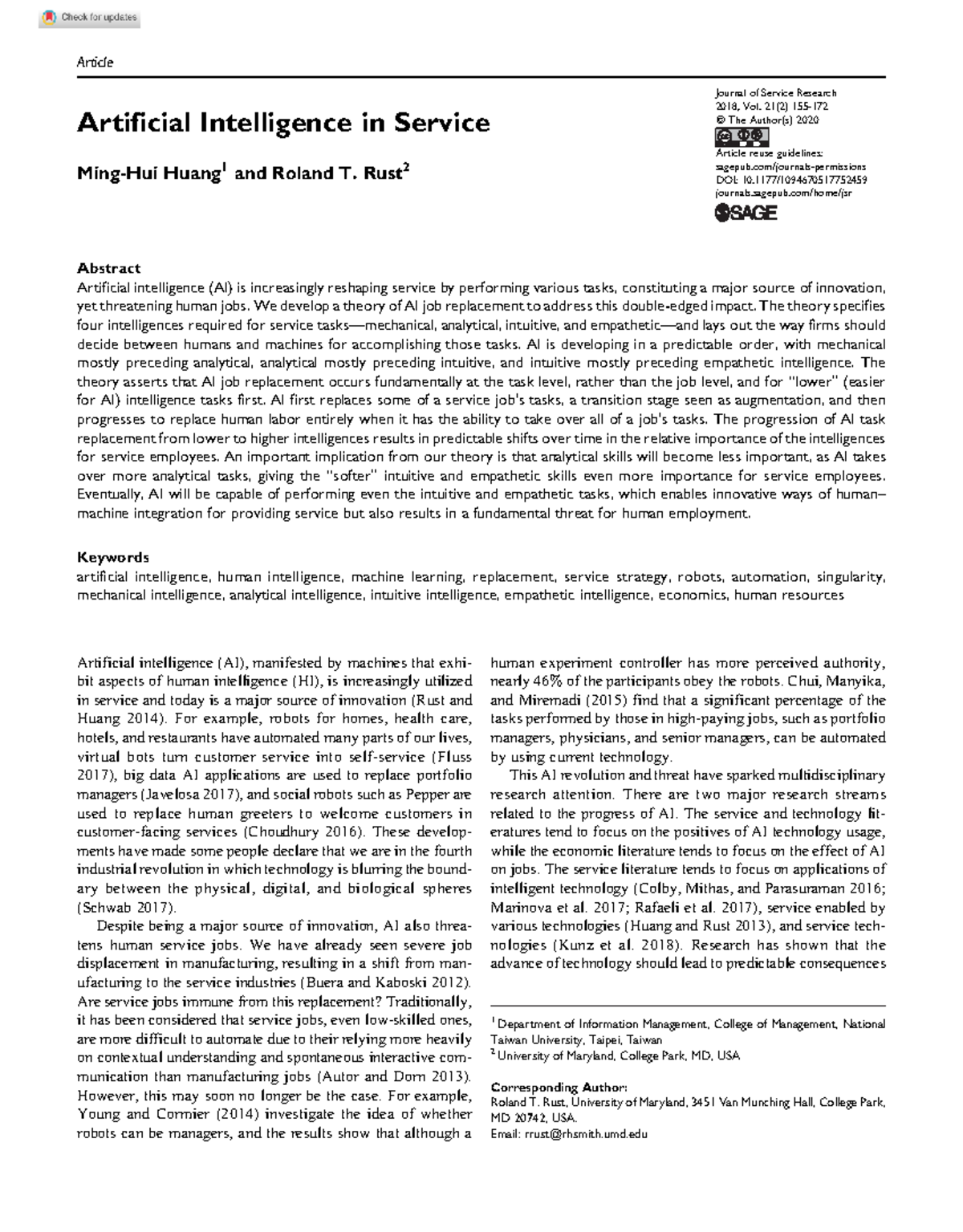 Huang rust 2018 artificial intelligence in service - Article Artificial ...