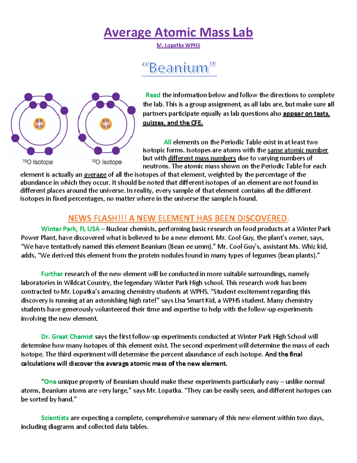 Beanium Isotope Lab1 the bean lab Average Atomic Mass Lab M