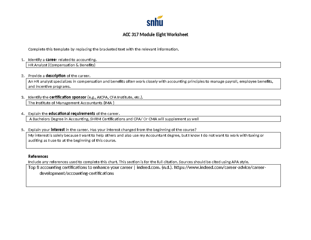 ACC 317 Module Eight Worksheet - ACC 317 Module Eight Worksheet ...
