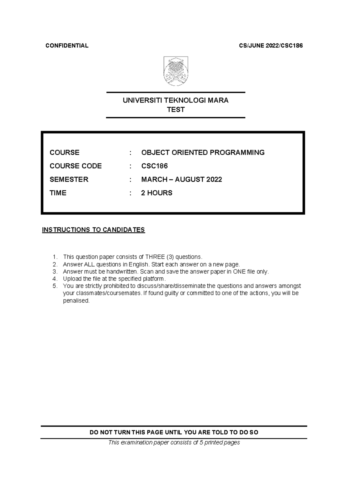 CSC186 Question Test(Mac Ogos 22) - UNIVERSITI TEKNOLOGI MARA TEST ...