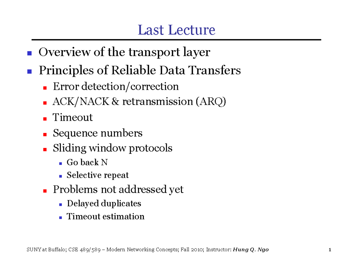 Lecture Slides, Lecture 10 - Tcp Reliable Data Transfer - Last Lecture ...