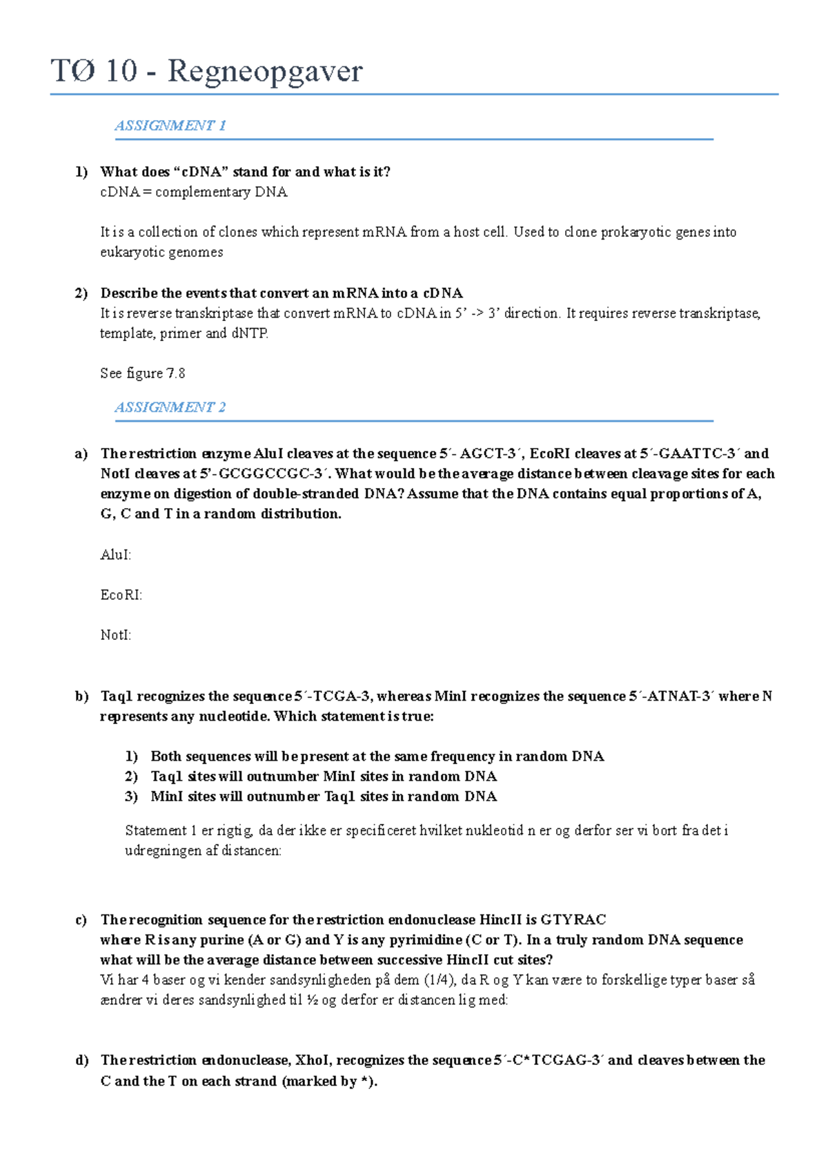 TØ10 restriktionsenzymer TØ 10 Regneopgaver ASSIGNMENT 1 What