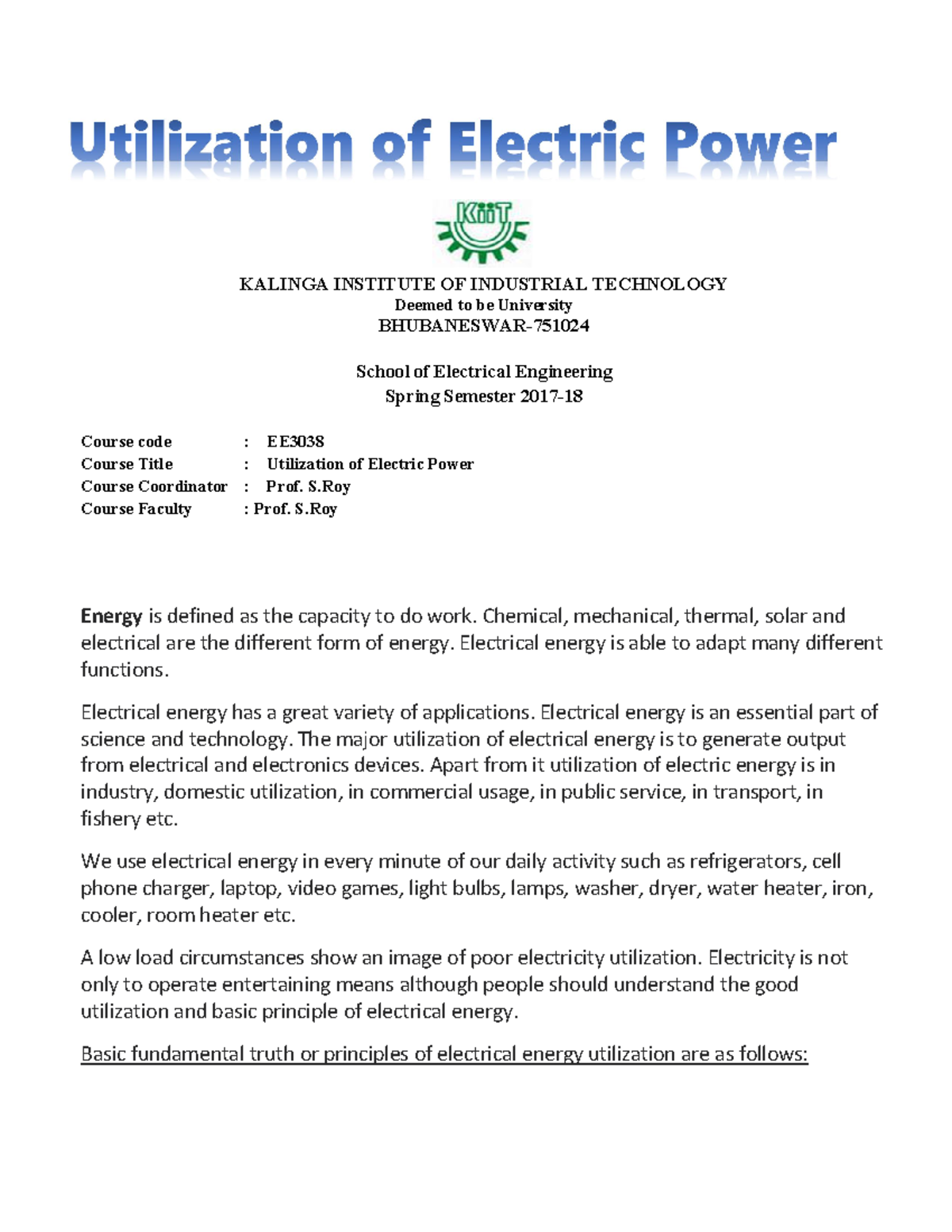 Utilization of Electric Power-Lecture Notes - KALINGA INSTITUTE OF