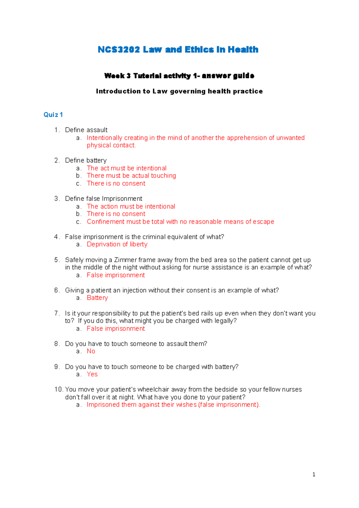 Activity Answers - NCS3202 Law And Ethics In Health Week 3 Tutorial ...