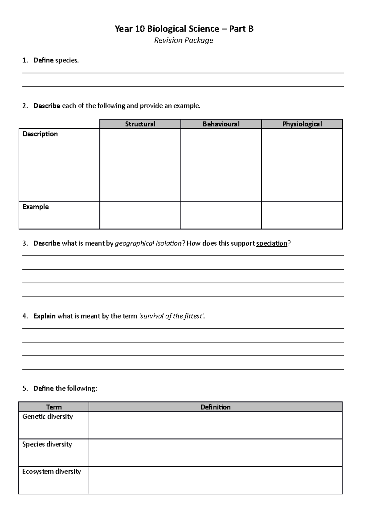 Natural Selection Evolution Revision Sheet-1 - Year 10 Biological ...