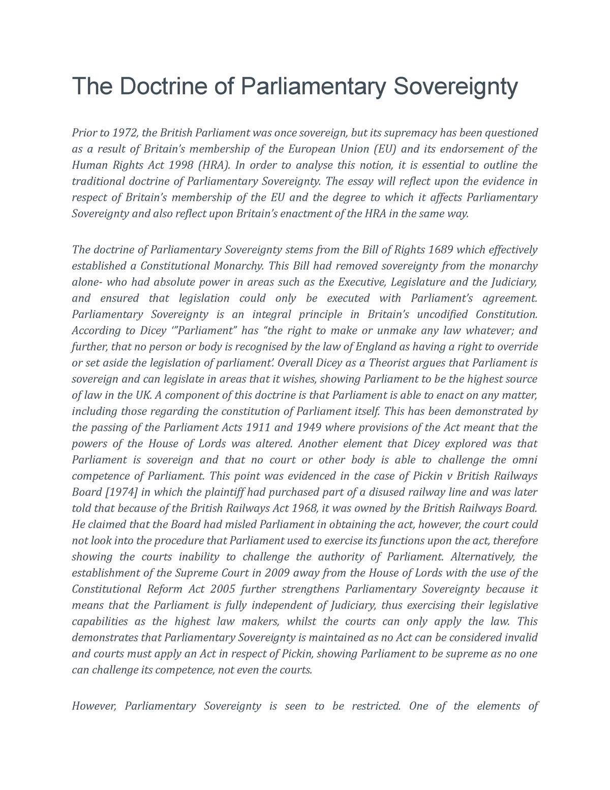 the doctrine of parliamentary sovereignty essay