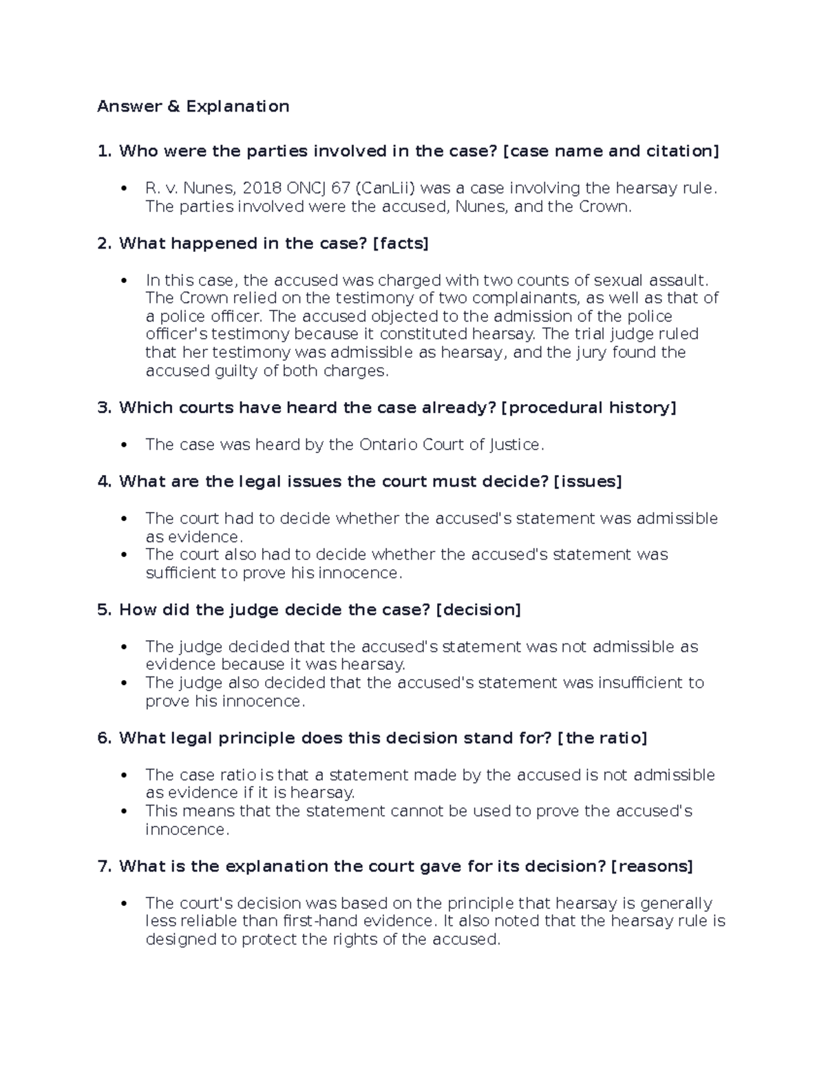 Answers for evidence law assignment 1 (R. v. Nunes, 2018 ONCJ 67