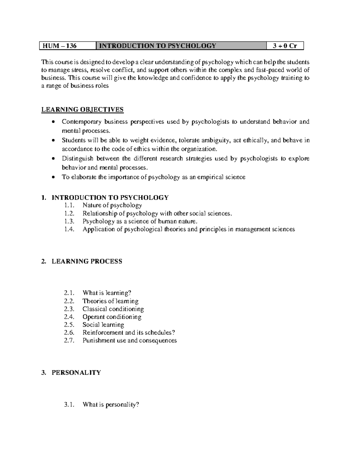 Course content psychology - HUM – 136 INTRODUCTION TO PSYCHOLOGY 3 + 0 ...
