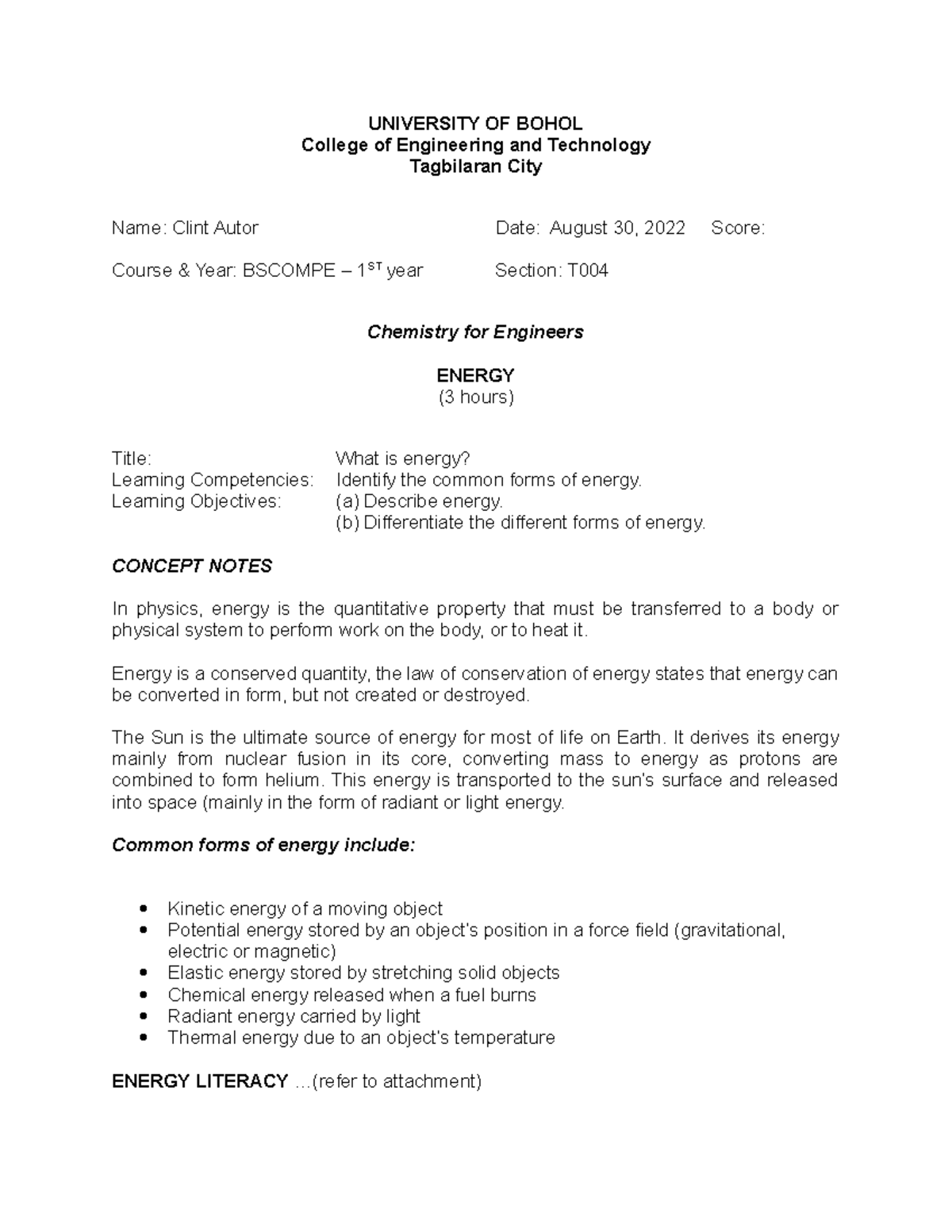 Activity 1 - Energy Literacy - UNIVERSITY OF BOHOL College of ...