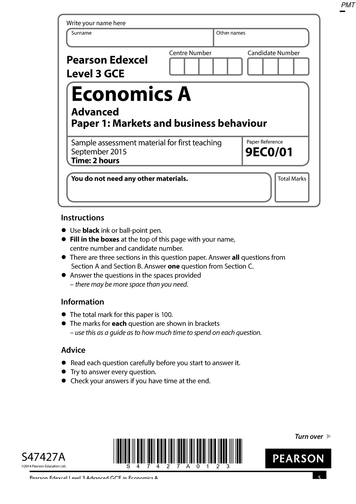 Specimen QP - Paper 1 Edexcel (A) Economics A-level - - Studocu