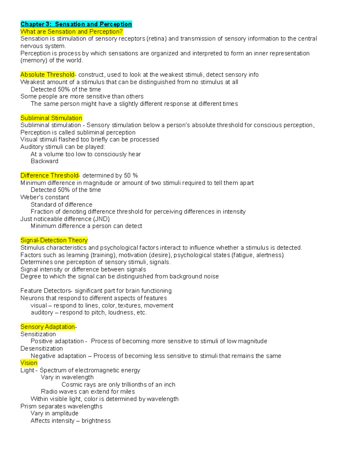 Psy 1500 - Ch 3 Outline - Lecture notes 3 - Chapter 3: Sensation and ...