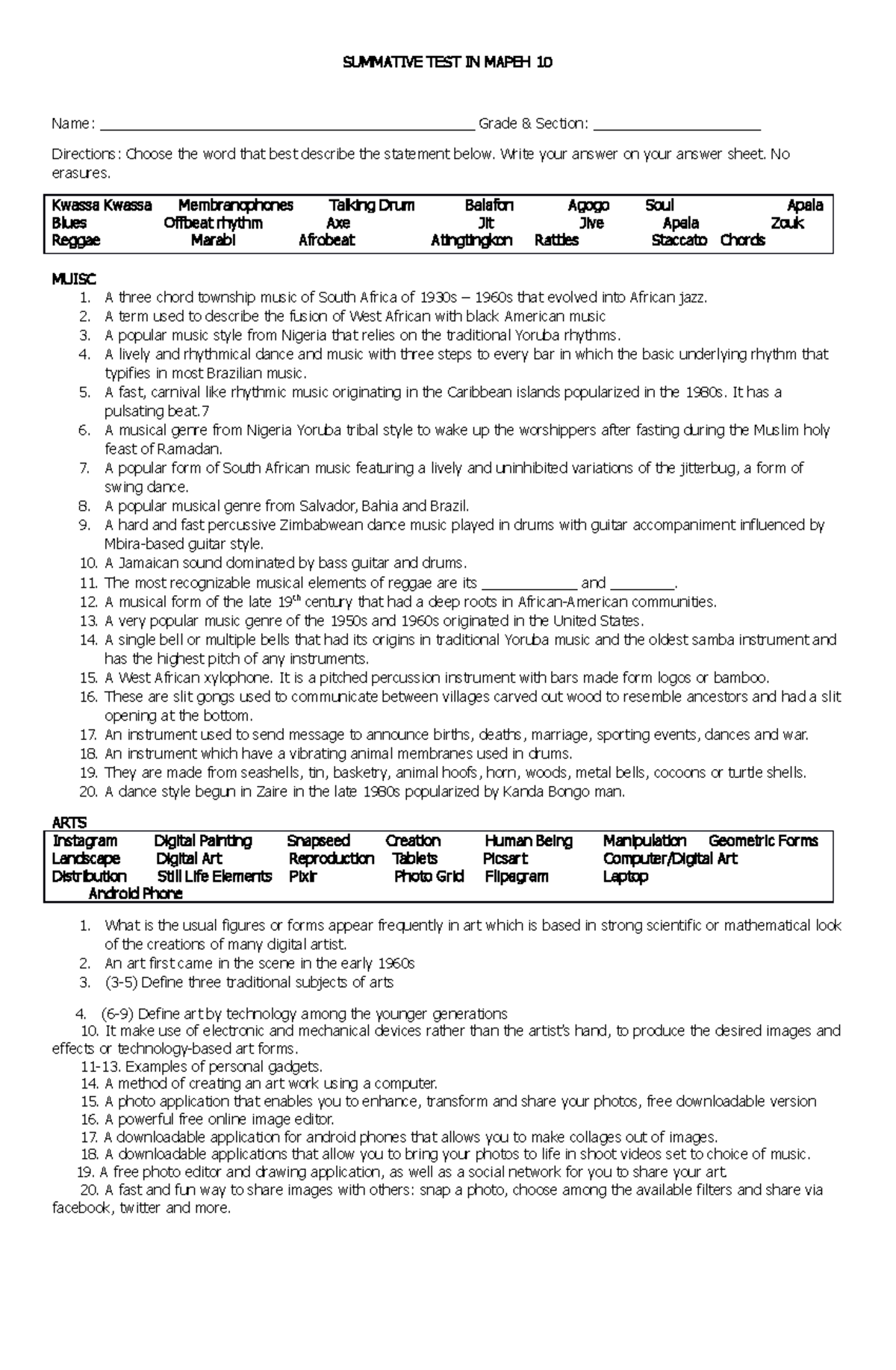 Q2- Summative- Mapeh 10 - SUMMATIVE TEST IN MAPEH 10 Name: - Studocu