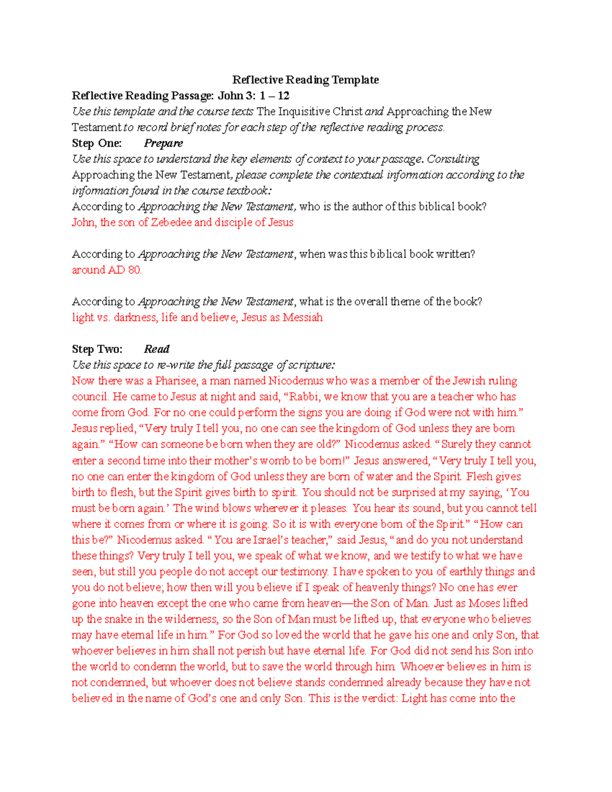 Reflective Reading John - BIBL 110 - Reflective Reading Template ...