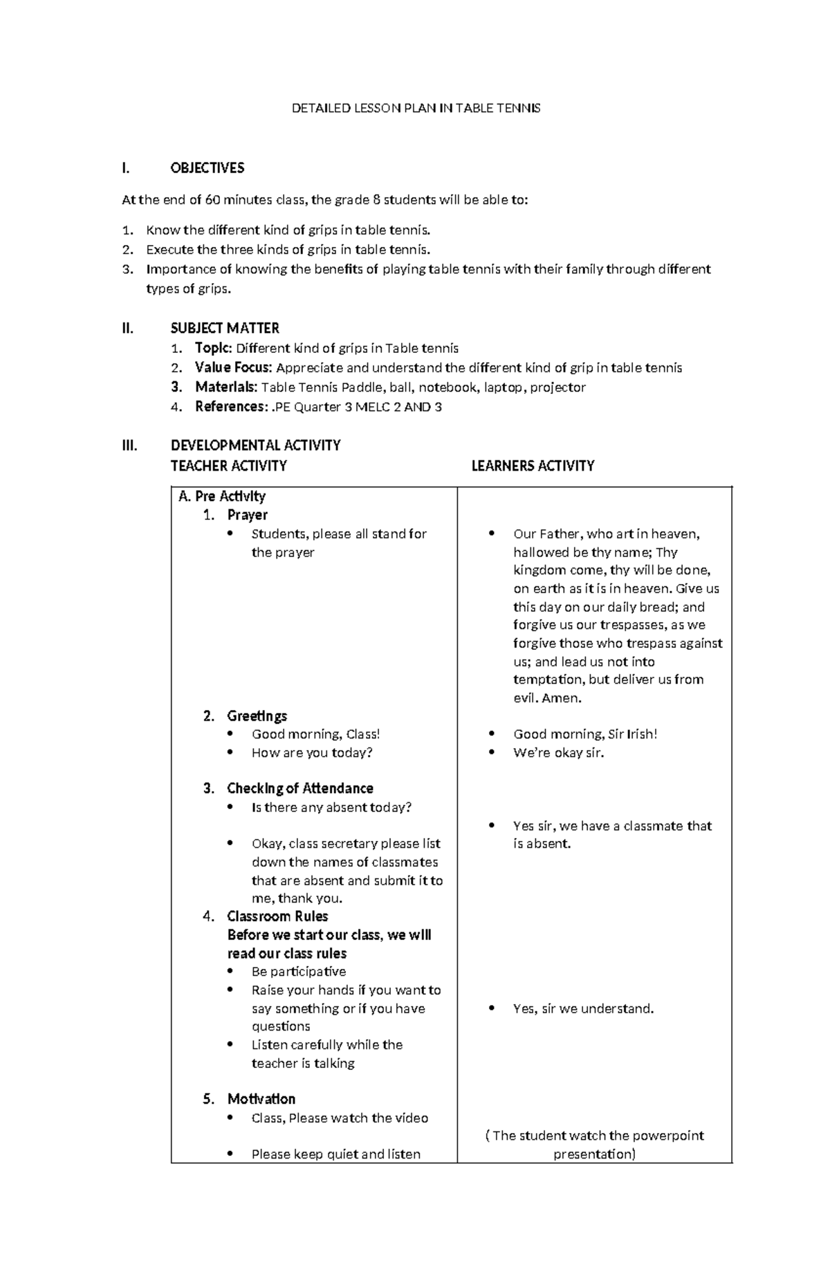 Detailed lesson plan table tennis updated - DETAILED LESSON PLAN IN ...