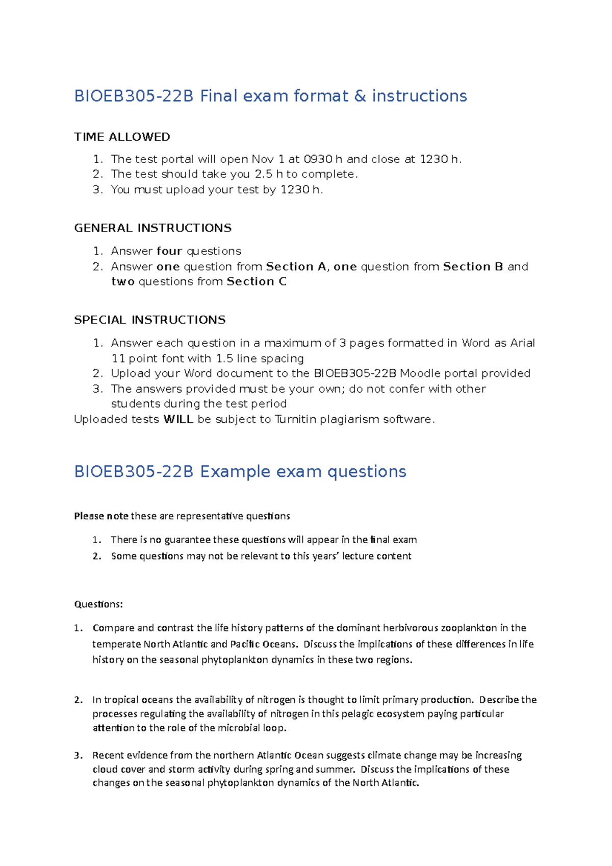 previous exam questions - BIOEB305-22B Final exam format & instructions ...