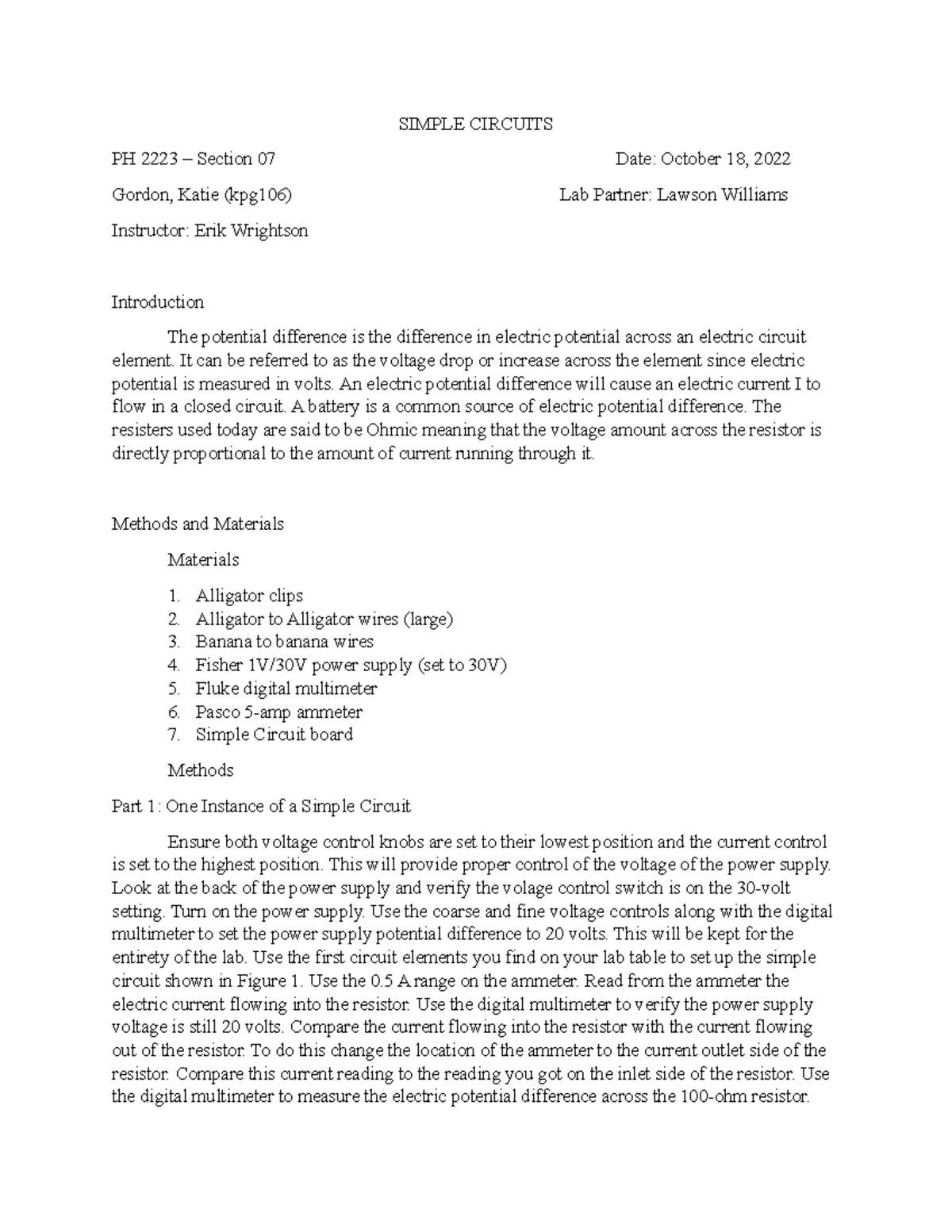 Physics Lab Report 7 - SIMPLE CIRCUITS PH 2223 – Section 07 Date ...