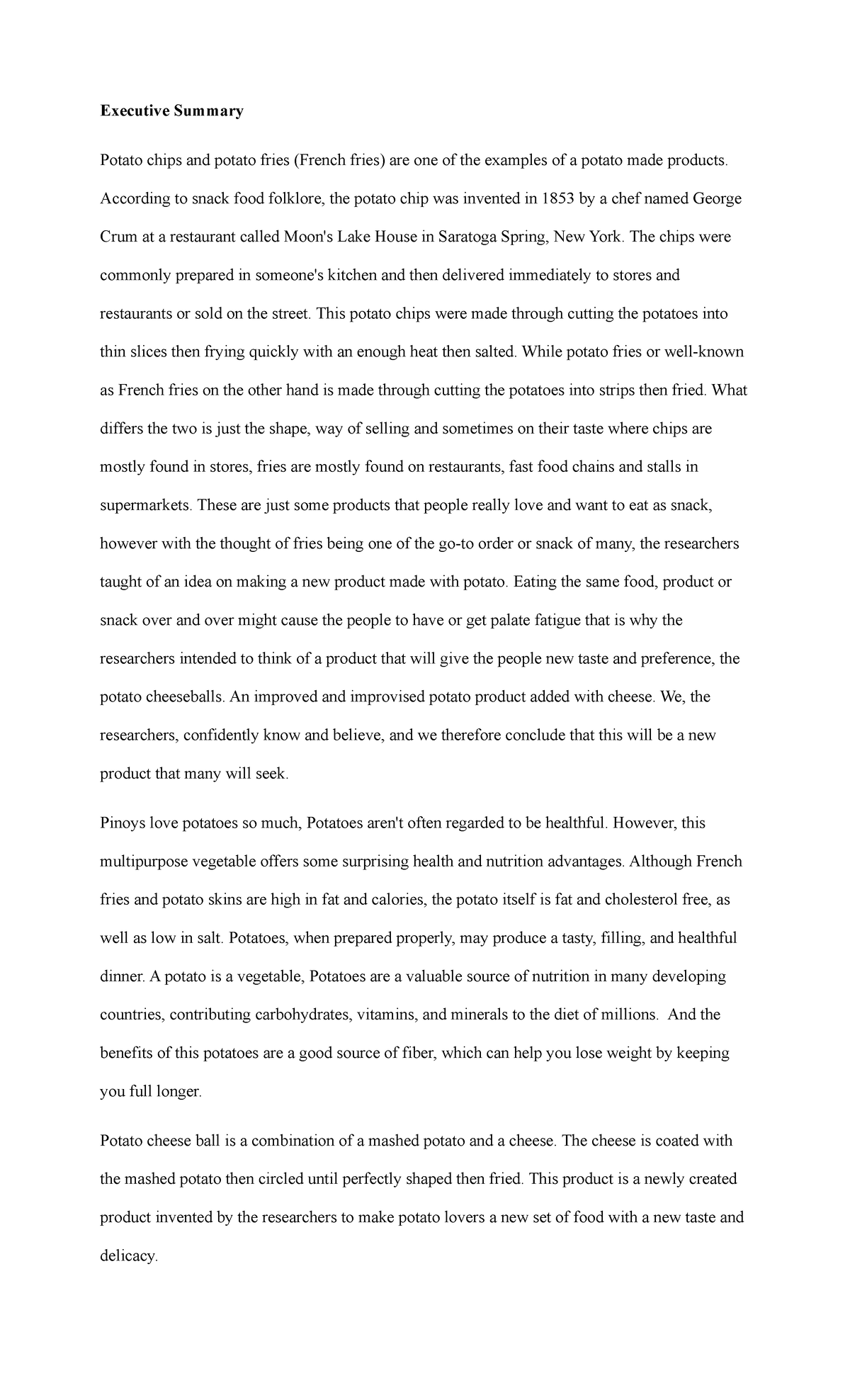 Business plan executive summary Executive Summary Potato chips and