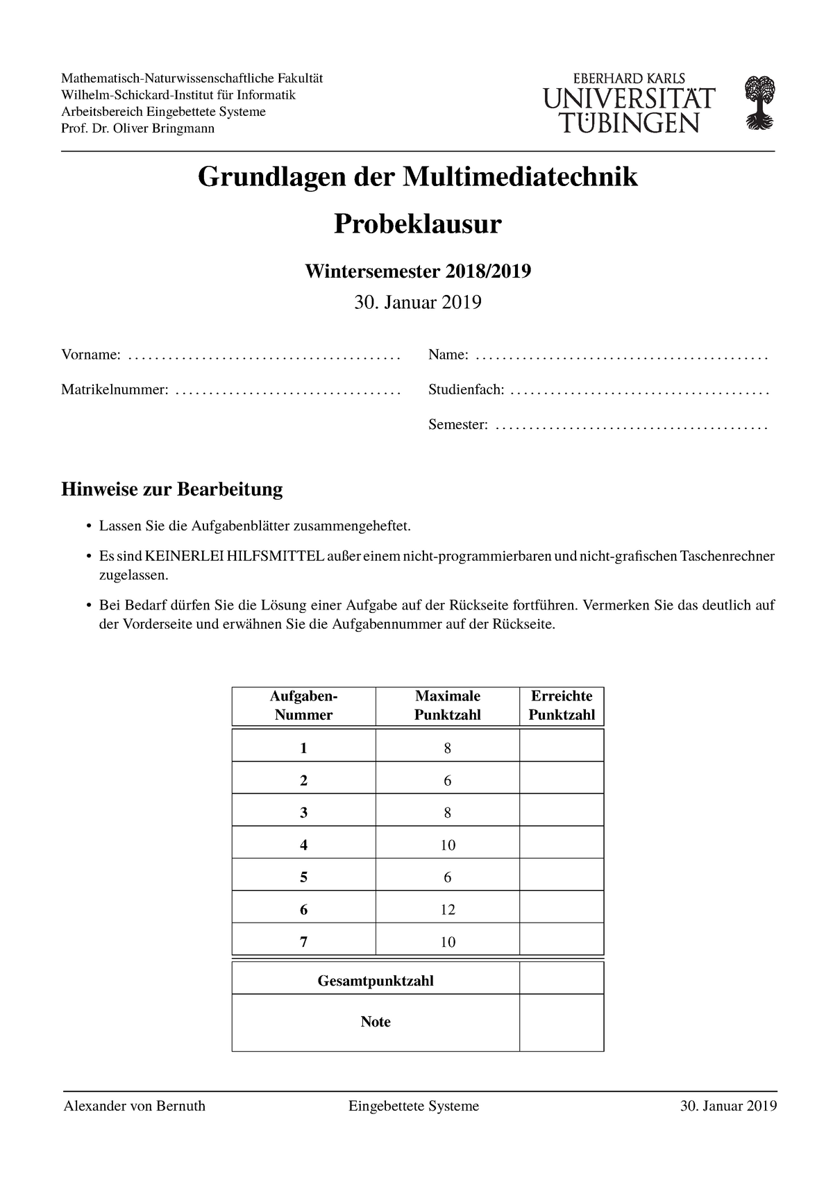 MMT Probeklausur Mathematisch Naturwissenschaftliche Fakultät Wilhelm