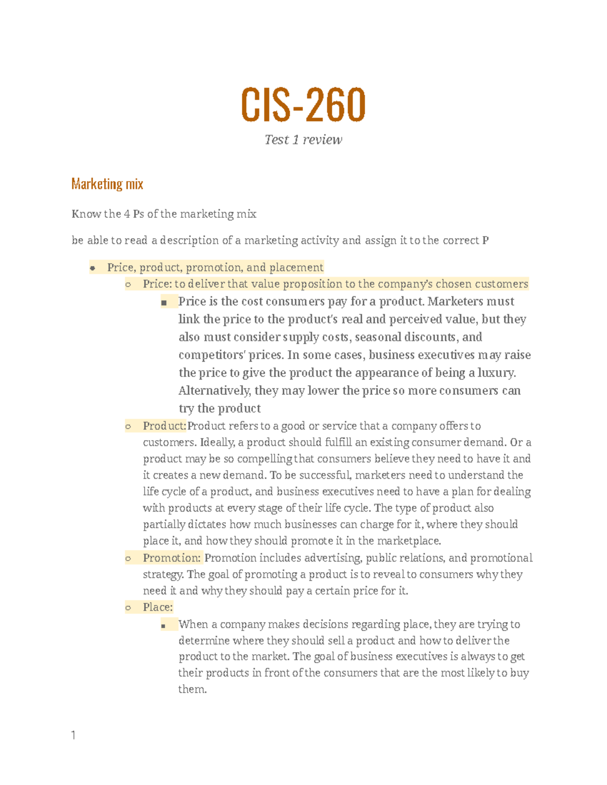 CIS 260 test 1 review - All notes covered in class and outside of class