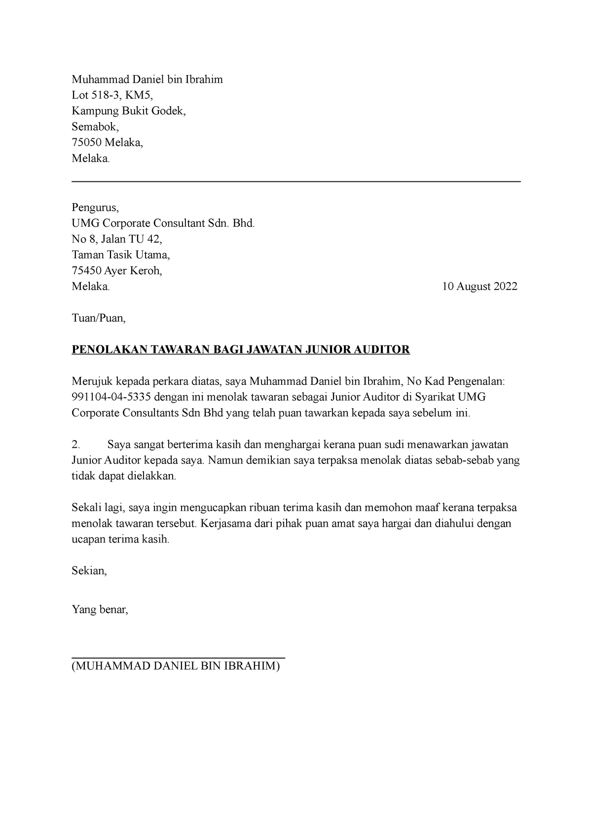 Surat Penolakan Tawaran Muhammad Daniel Bin Ibrahim Lot KM Kampung Bukit Godek