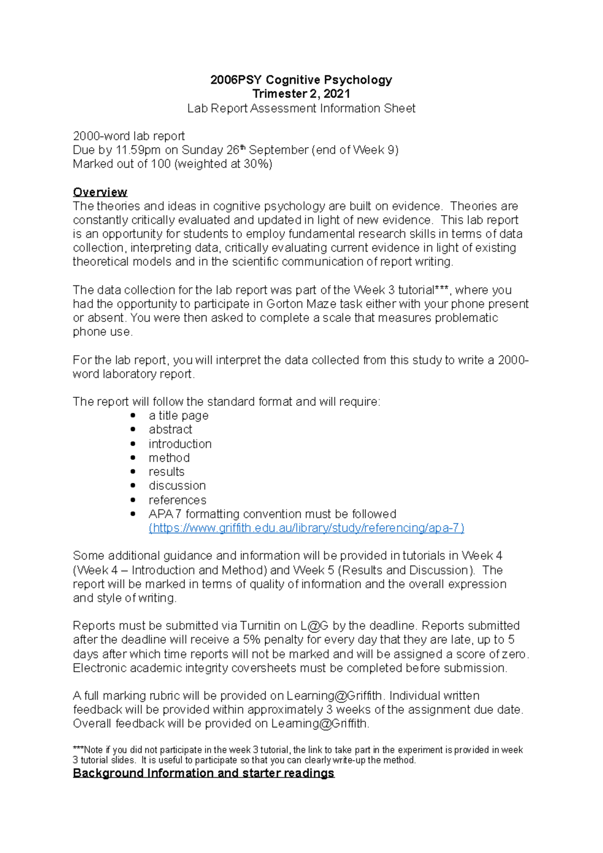 2006 PSY Lab Report Info 2021 (1) - 2006PSY Cognitive Psychology ...