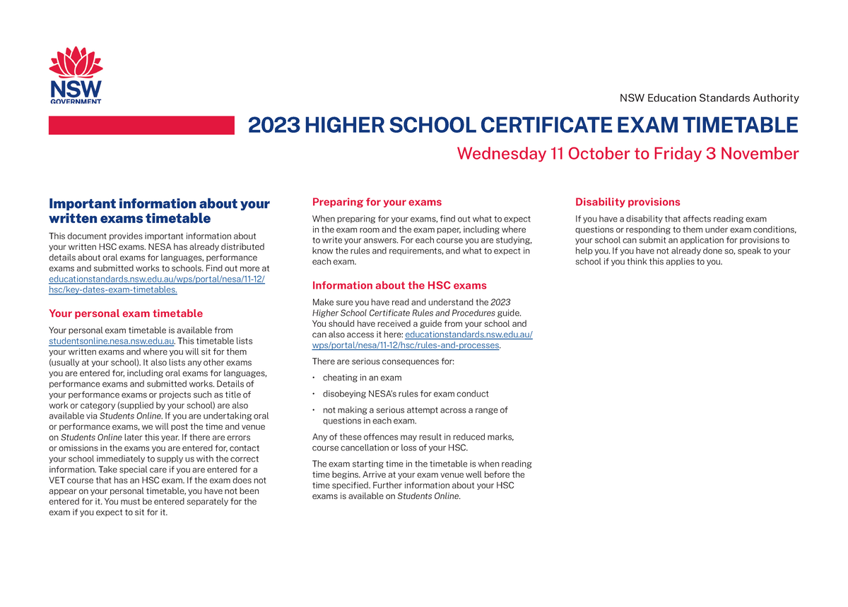 2023 Hsc Written Exam Timetable 2023 Higher School Certificate Exam Timetable Wednesday 11 7204