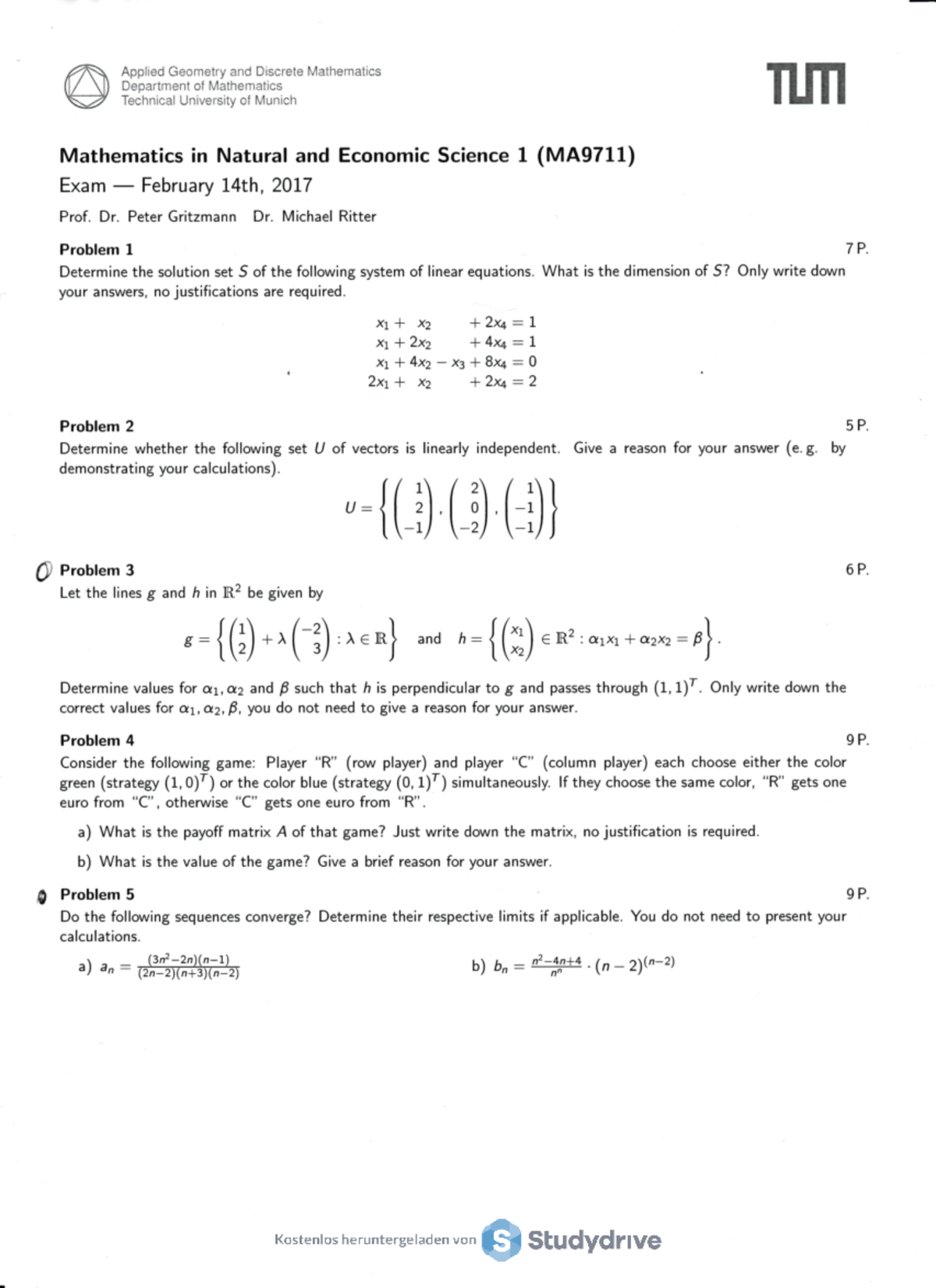 Old Exam WS16 17 - Mathematics 1 for TUM-BWL - Mathematik 1 ...