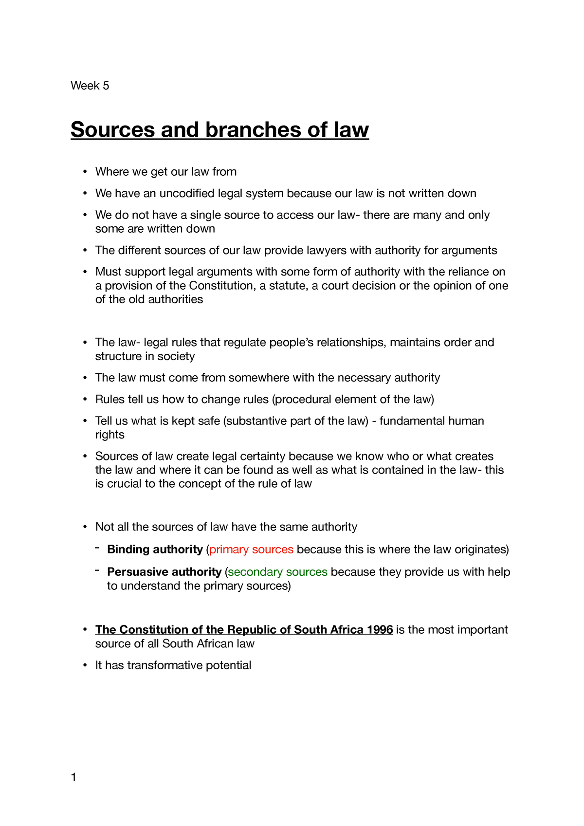 Sources of law notes Week 5 Sources and branches of law " Where we