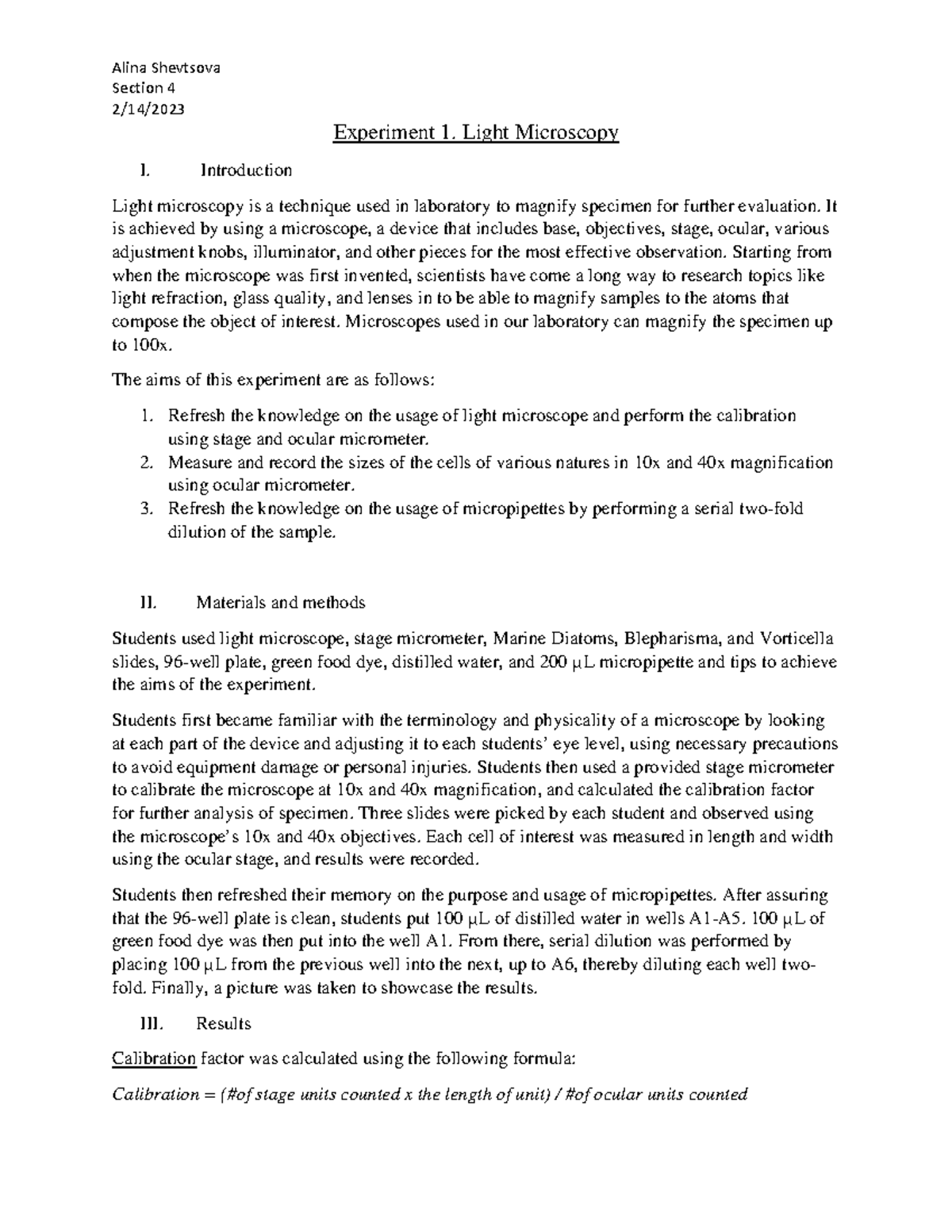 lab report experiment basic techniques in microscopy