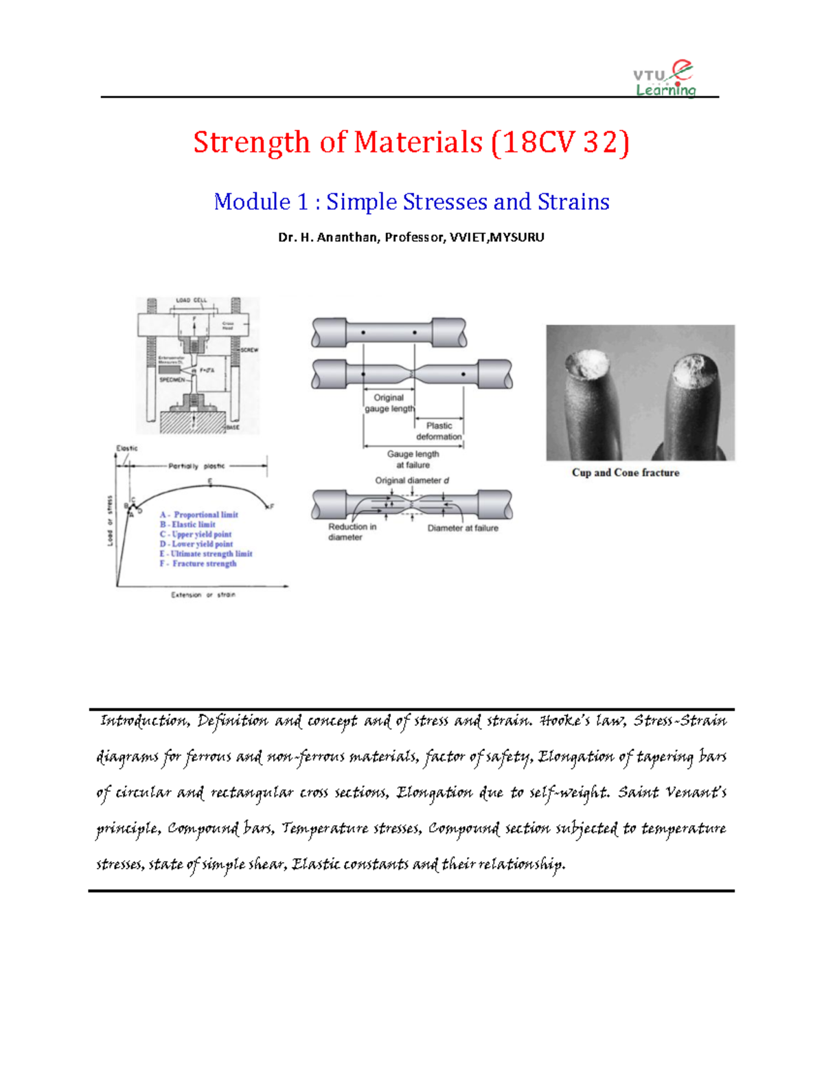 18CV32 strength of materials civil engineering vtu notes Strength of Materials (18CV 32