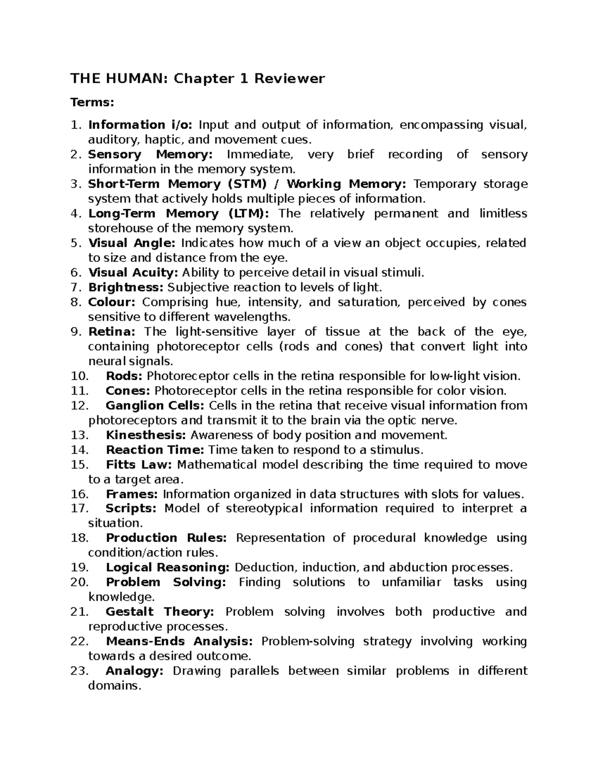 HCI Reviewer - THE HUMAN: Chapter 1 Reviewer Terms: 1. Information i/o ...