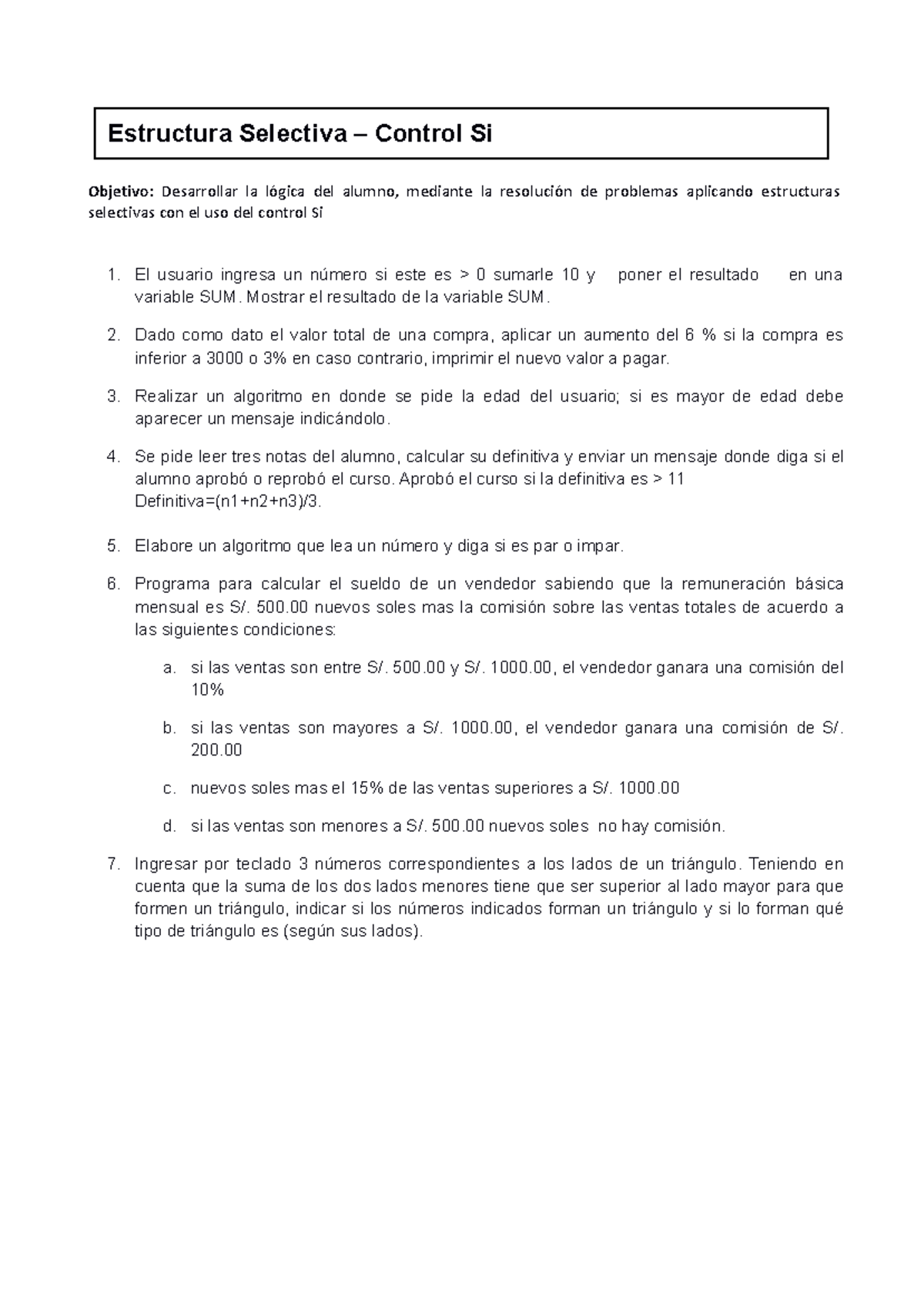 1 Sentencia de control SI - Estructura Selectiva – Control Si Objetivo ...