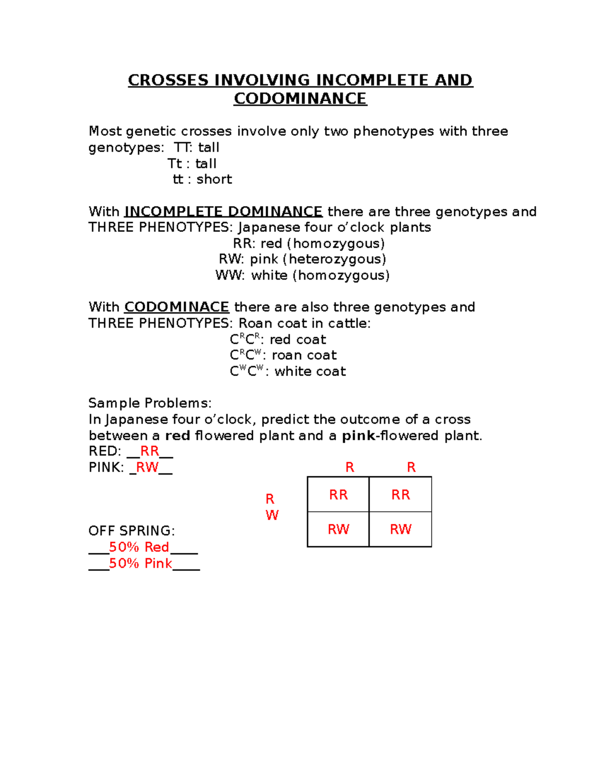 and codominance hc CROSSES INVOLVING AND