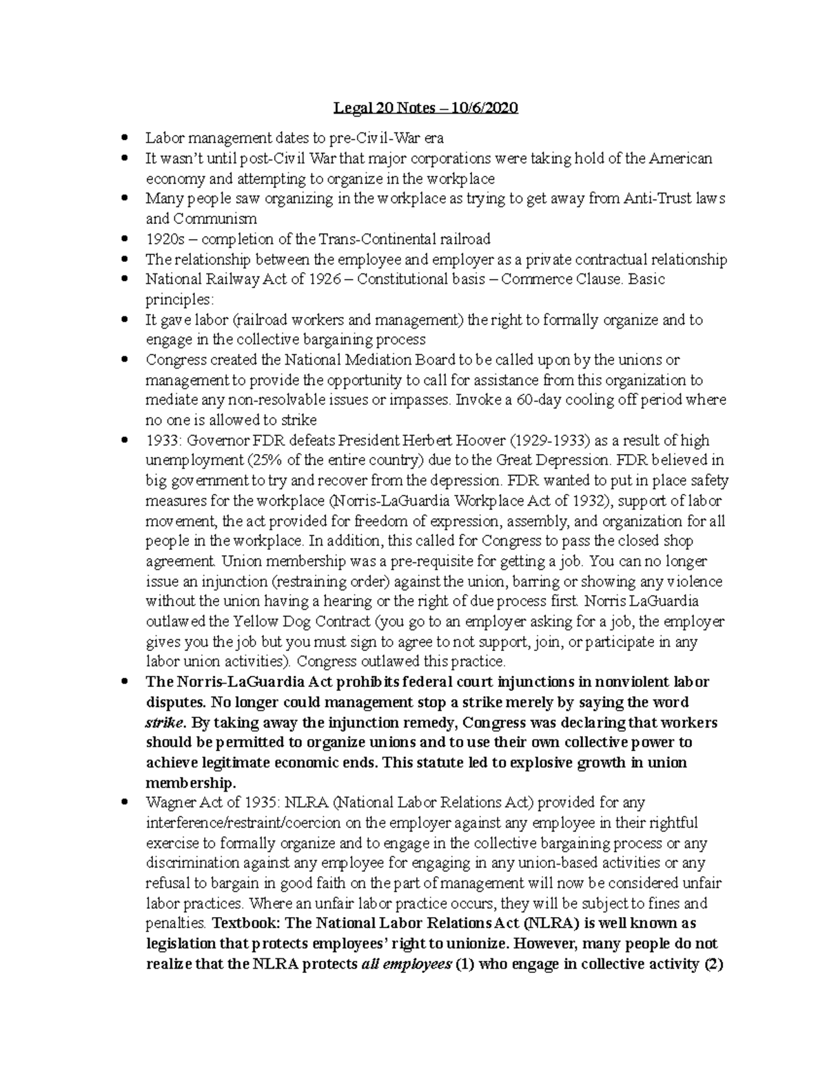Labor management relations from class - Legal 20 Notes – 10/6/ Labor ...