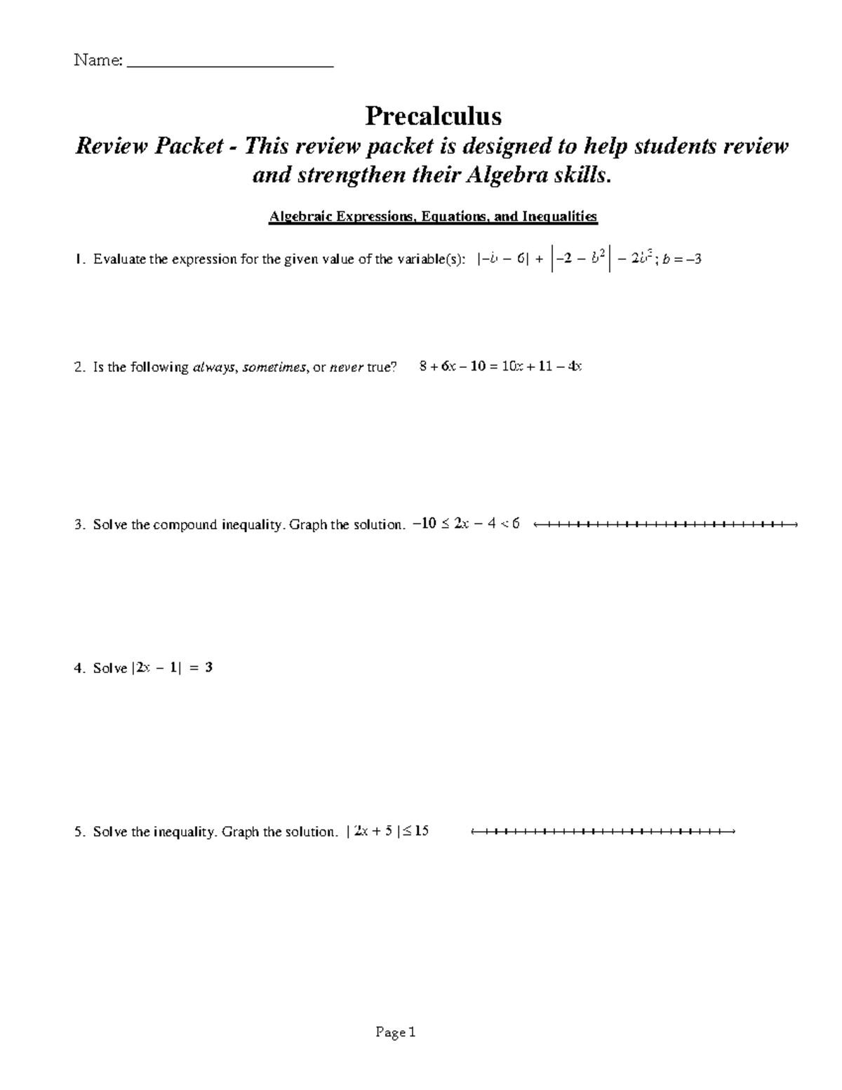 Precal Practice Packet - Precalculus Review Packet - This Review Packet ...