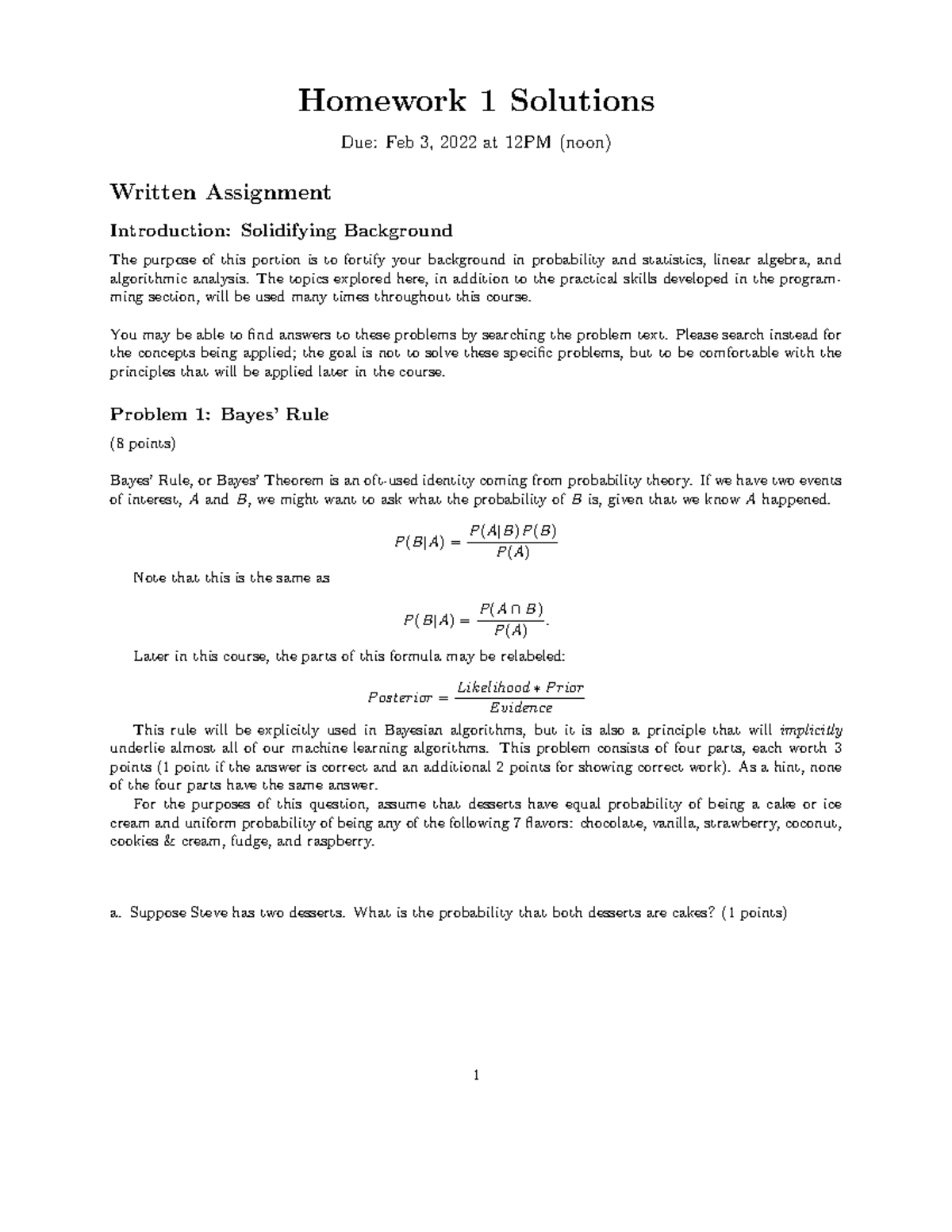 Hw01 Sols - Homework Solutions - Homework 1 Solutions Due: Feb 3, 2022 ...