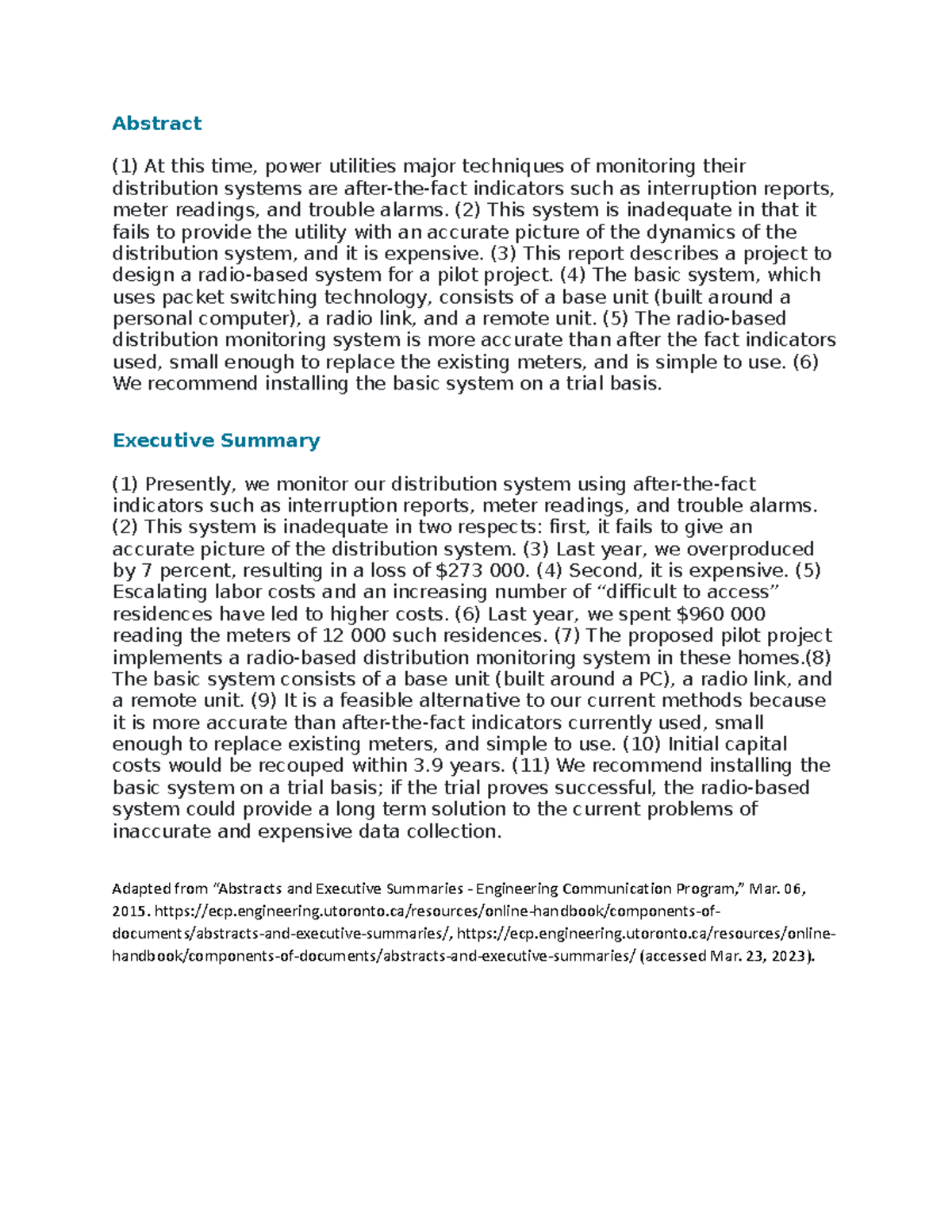 Abstract and Executive Summary Example - Abstract (1) At this time ...