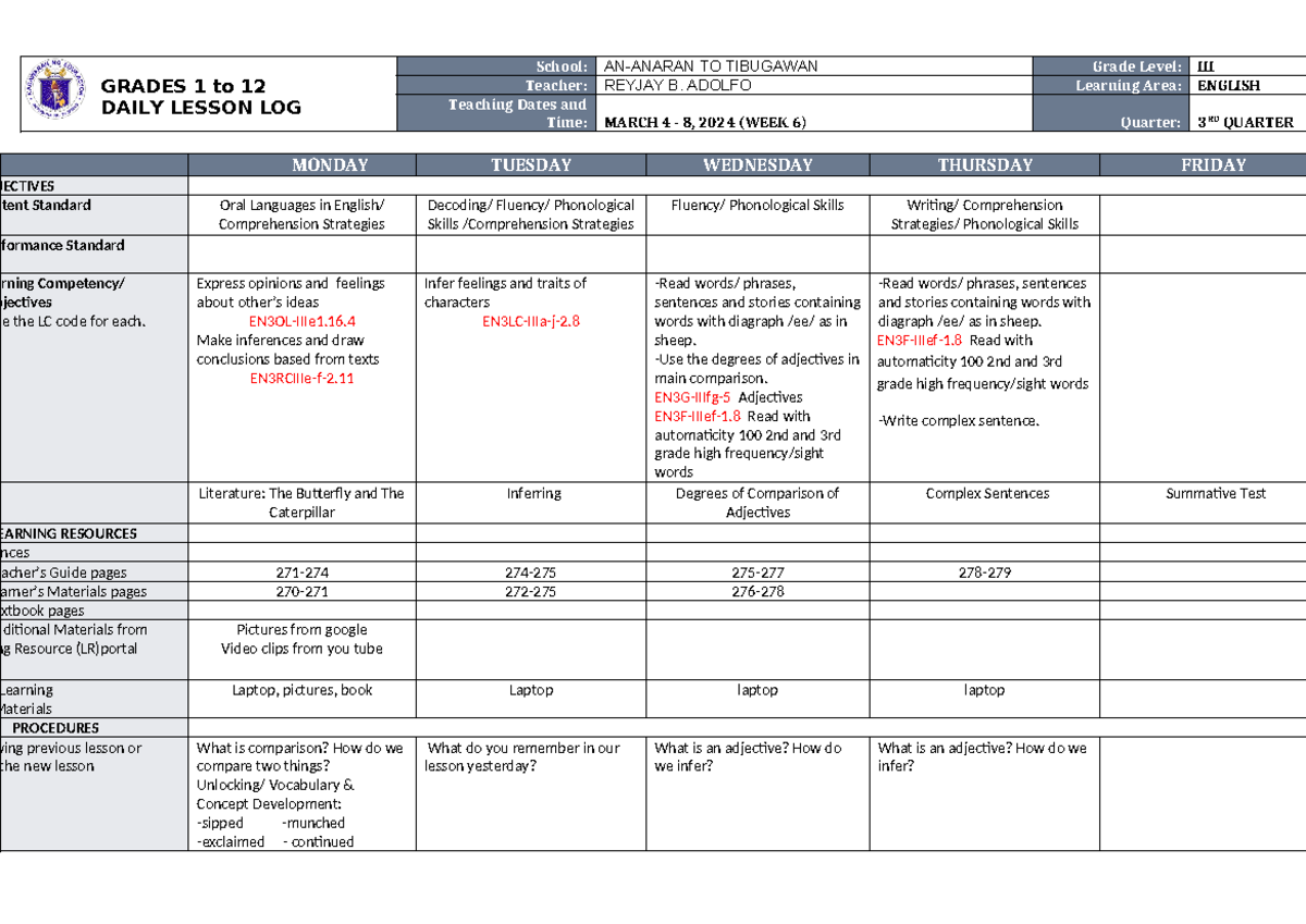 DLL English 3 Q3 W6 - GRADES 1 to 12 DAILY LESSON LOG School: AN-ANARAN ...