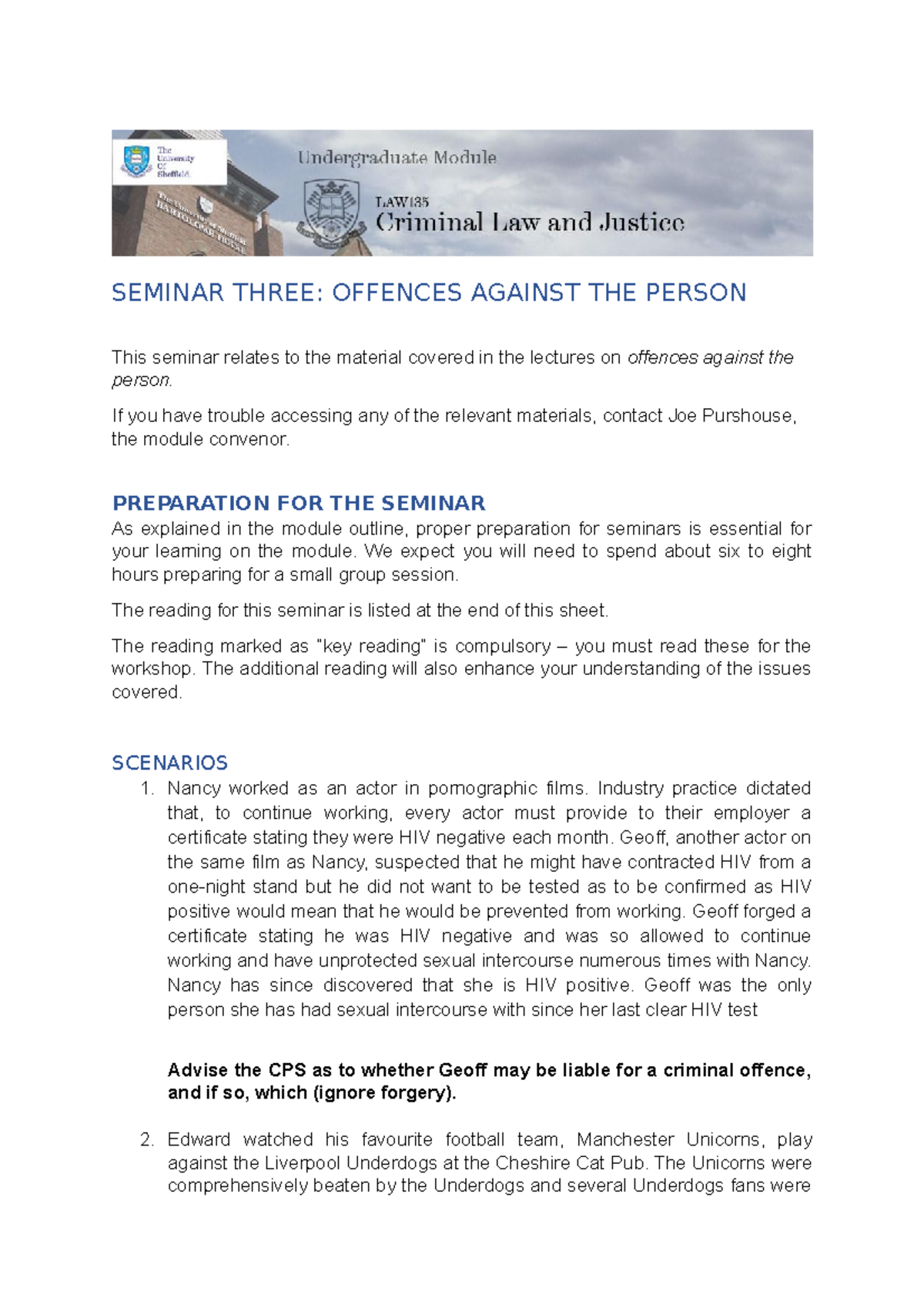 Seminar- offence against the person - SEMINAR THREE: OFFENCES AGAINST ...